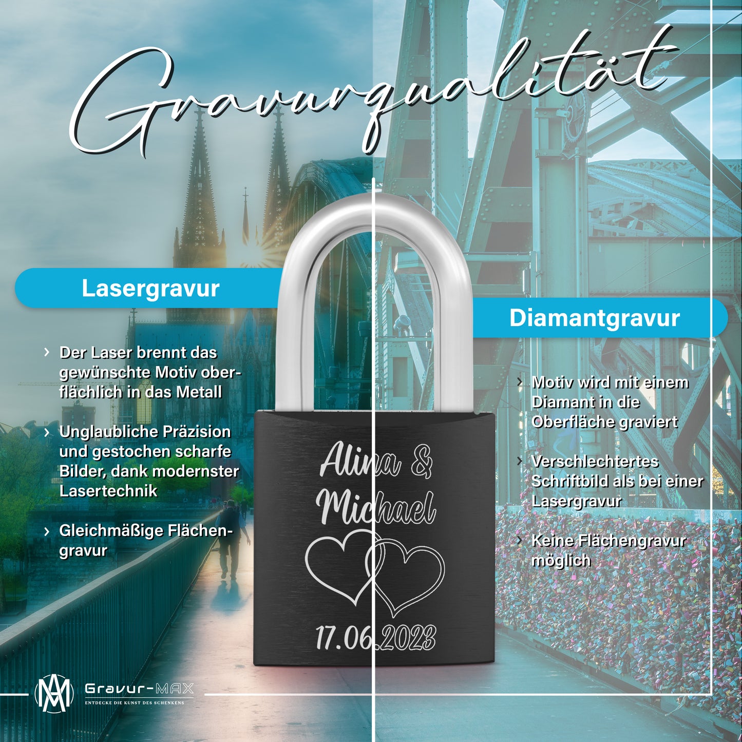 Liebesschloss in Schwarz mit Gravur "Herzranke" personalisiert mit Wunschnamen in 6 ver. Farben