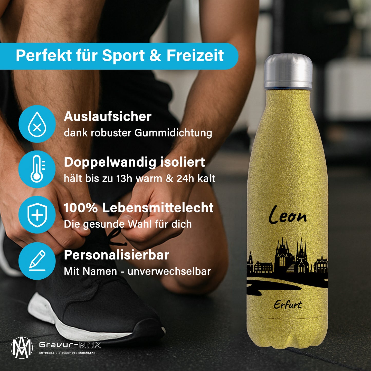Glitzer Trinkflasche in Gold 500ml aus Edelstahl bedruckt mit der Skyline von Erfurt personalisierbar mit Wunschname