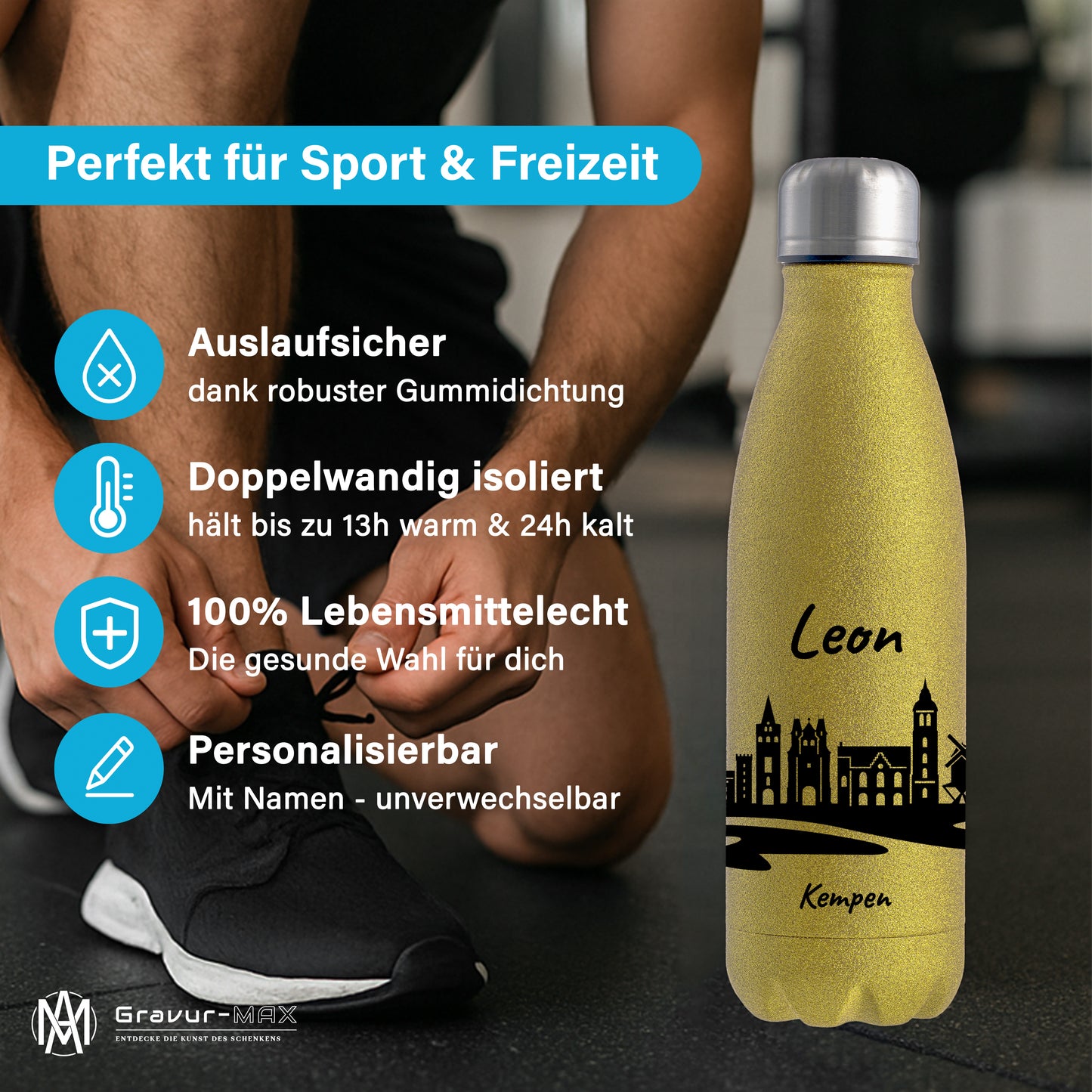 Glitzer Trinkflasche in Gold 500ml aus Edelstahl bedruckt mit der Skyline von Kempen personalisierbar mit Wunschname
