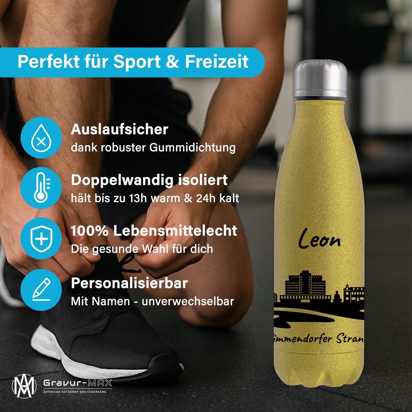 Glitzer Trinkflasche in Gold 500ml aus Edelstahl bedruckt mit der Skyline von Timmendorfer Strand personalisierbar mit Wunschname