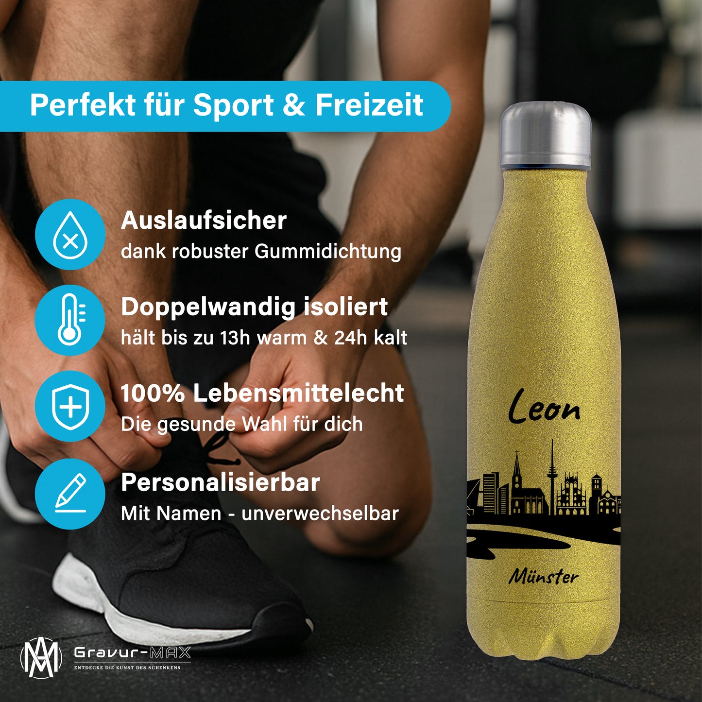 Glitzer Trinkflasche in Gold 500ml aus Edelstahl bedruckt mit der Skyline von Münster personalisierbar mit Wunschname