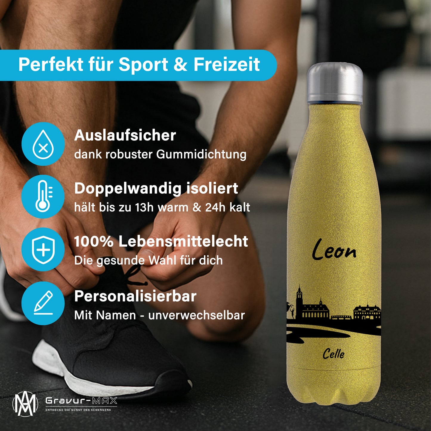 Glitzer Trinkflasche in Gold 500ml aus Edelstahl bedruckt mit der Skyline von Celle personalisierbar mit Wunschname