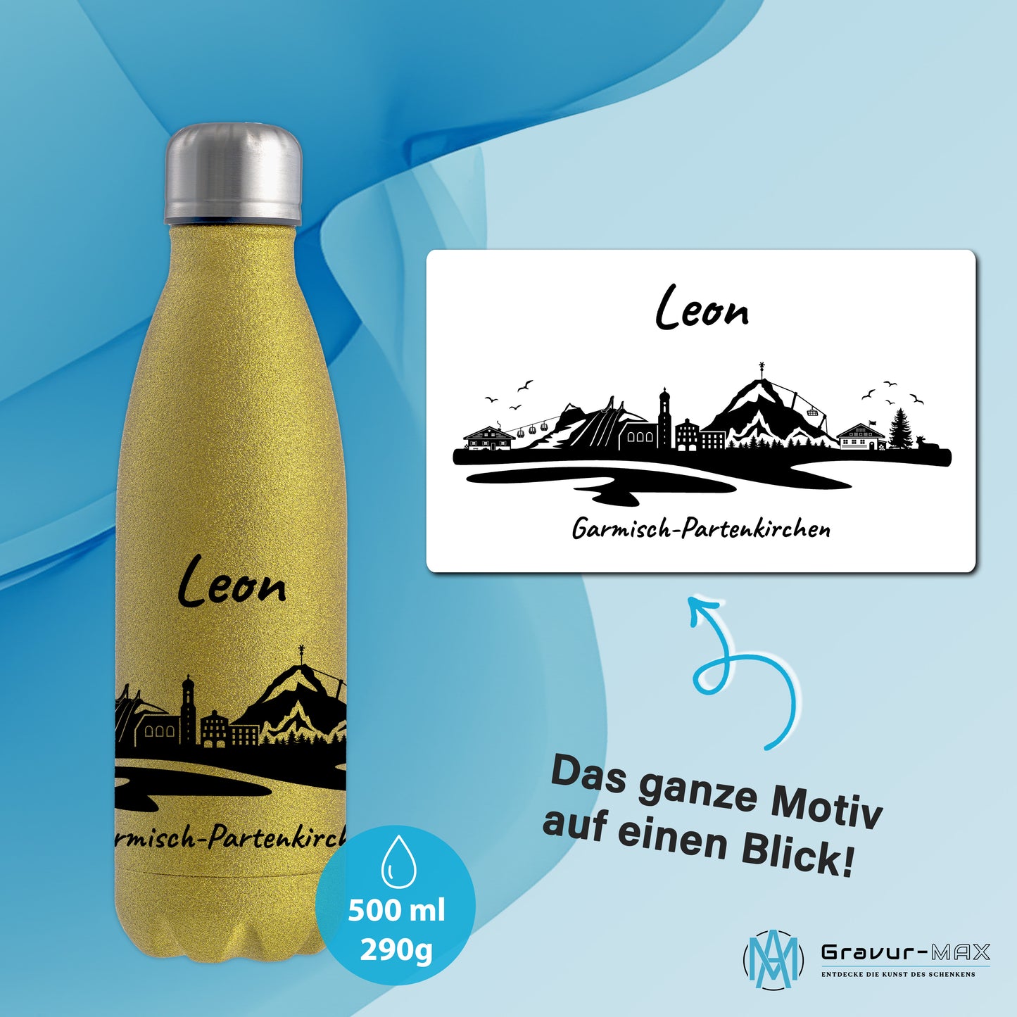 Glitzer Trinkflasche in Gold 500ml aus Edelstahl bedruckt mit der Skyline von Garmisch-Partenkirchen personalisierbar mit Wunschname