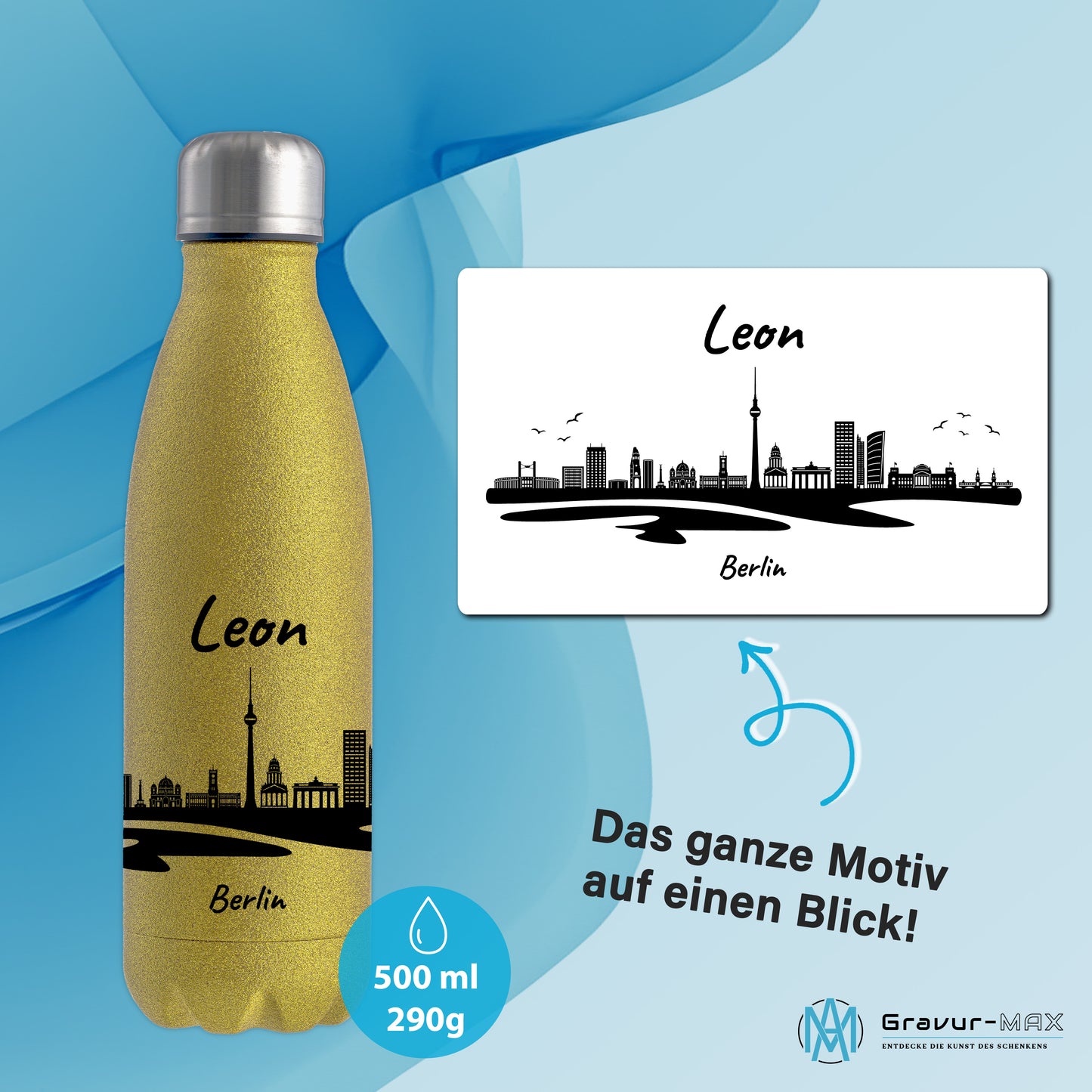 Glitzer Trinkflasche in Gold 500ml aus Edelstahl bedruckt mit der Skyline von Berlin personalisierbar mit Wunschname