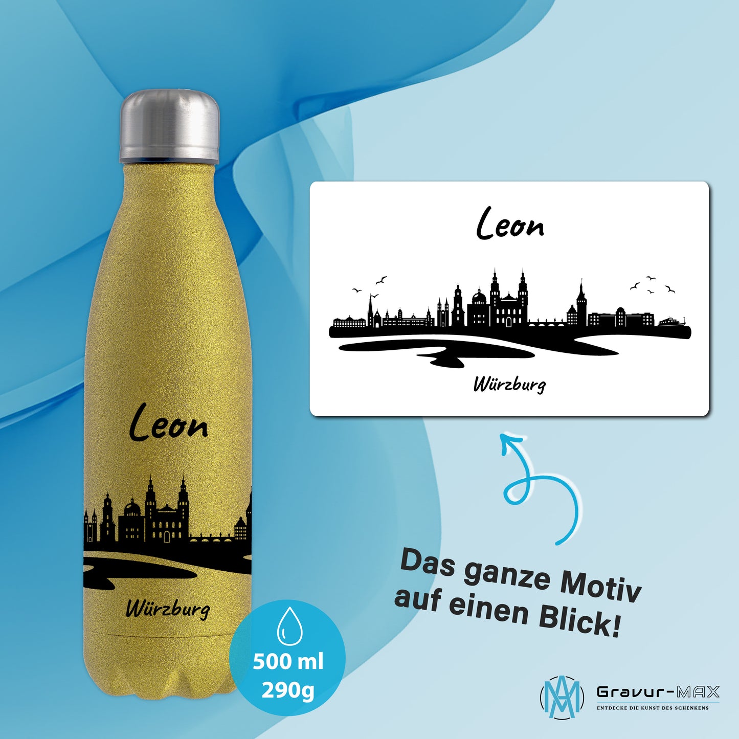 Glitzer Trinkflasche in Gold 500ml aus Edelstahl bedruckt mit der Skyline von Würzburg personalisierbar mit Wunschname
