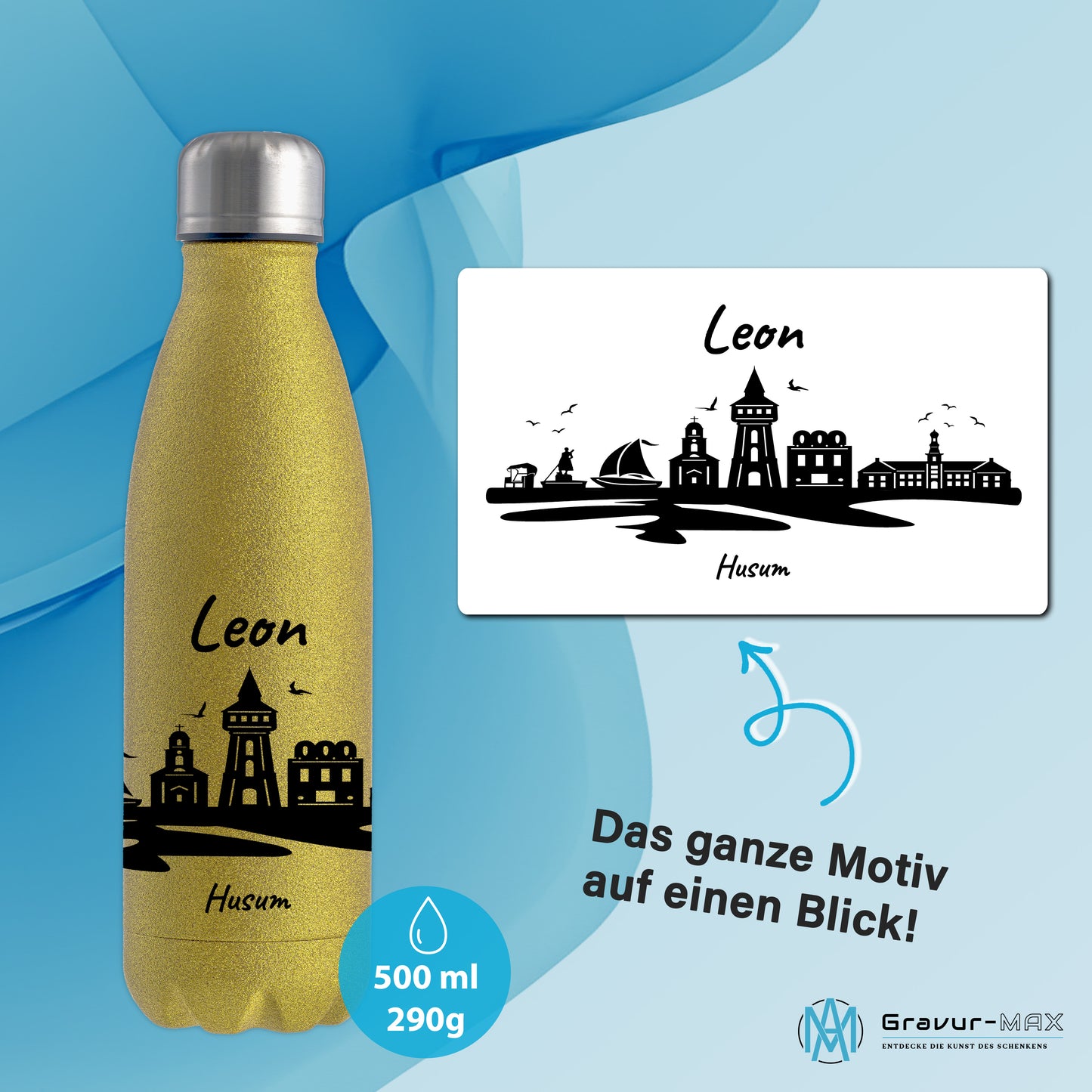 Glitzer Trinkflasche in Gold 500ml aus Edelstahl bedruckt mit der Skyline von Husum personalisierbar mit Wunschname
