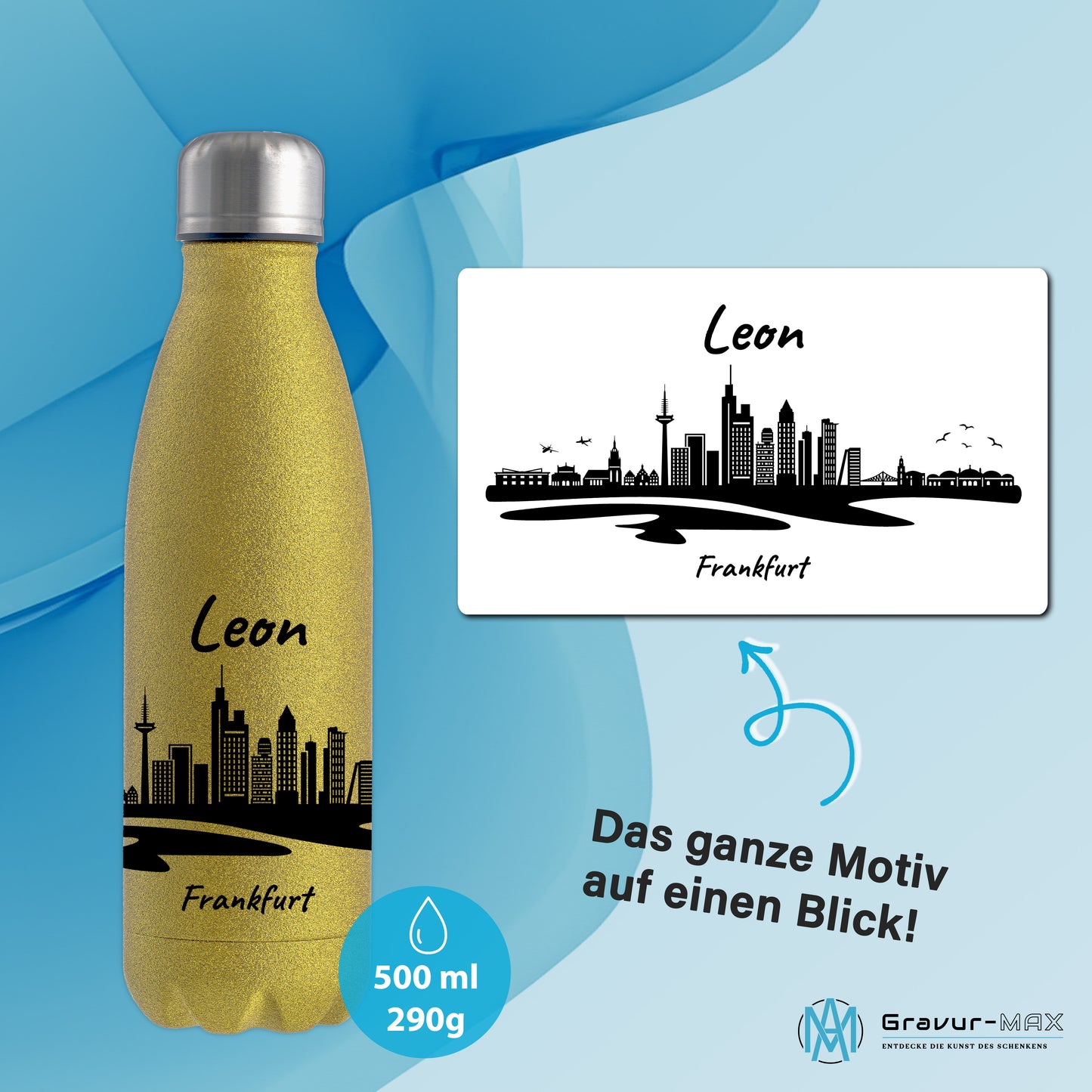 Glitzer Trinkflasche in Gold 500ml aus Edelstahl bedruckt mit der Skyline von Frankfurt personalisierbar mit Wunschname