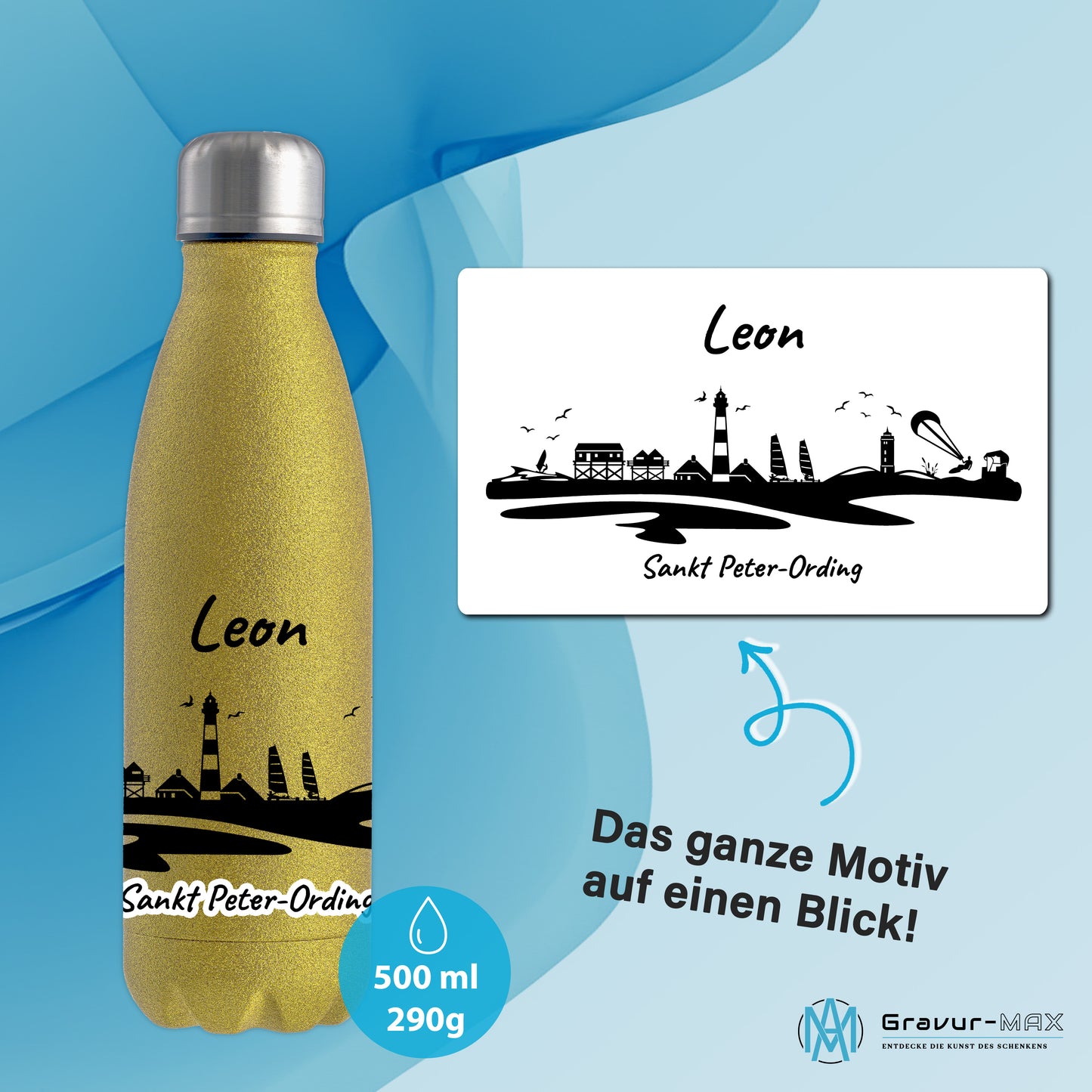 Glitzer Trinkflasche in Gold 500ml aus Edelstahl bedruckt mit der Skyline von Sankt Peter-Ording personalisierbar mit Wunschname