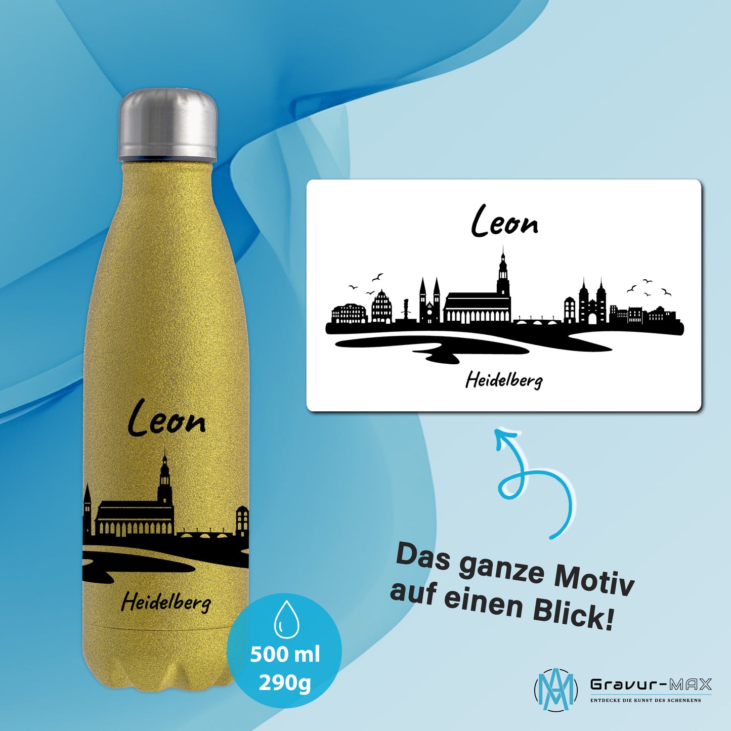 Glitzer Trinkflasche in Gold 500ml aus Edelstahl bedruckt mit der Skyline von Heidelberg personalisierbar mit Wunschname