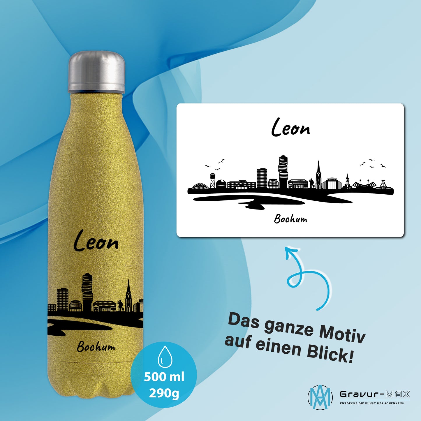 Glitzer Trinkflasche in Gold 500ml aus Edelstahl bedruckt mit der Skyline von Bochum personalisierbar mit Wunschname