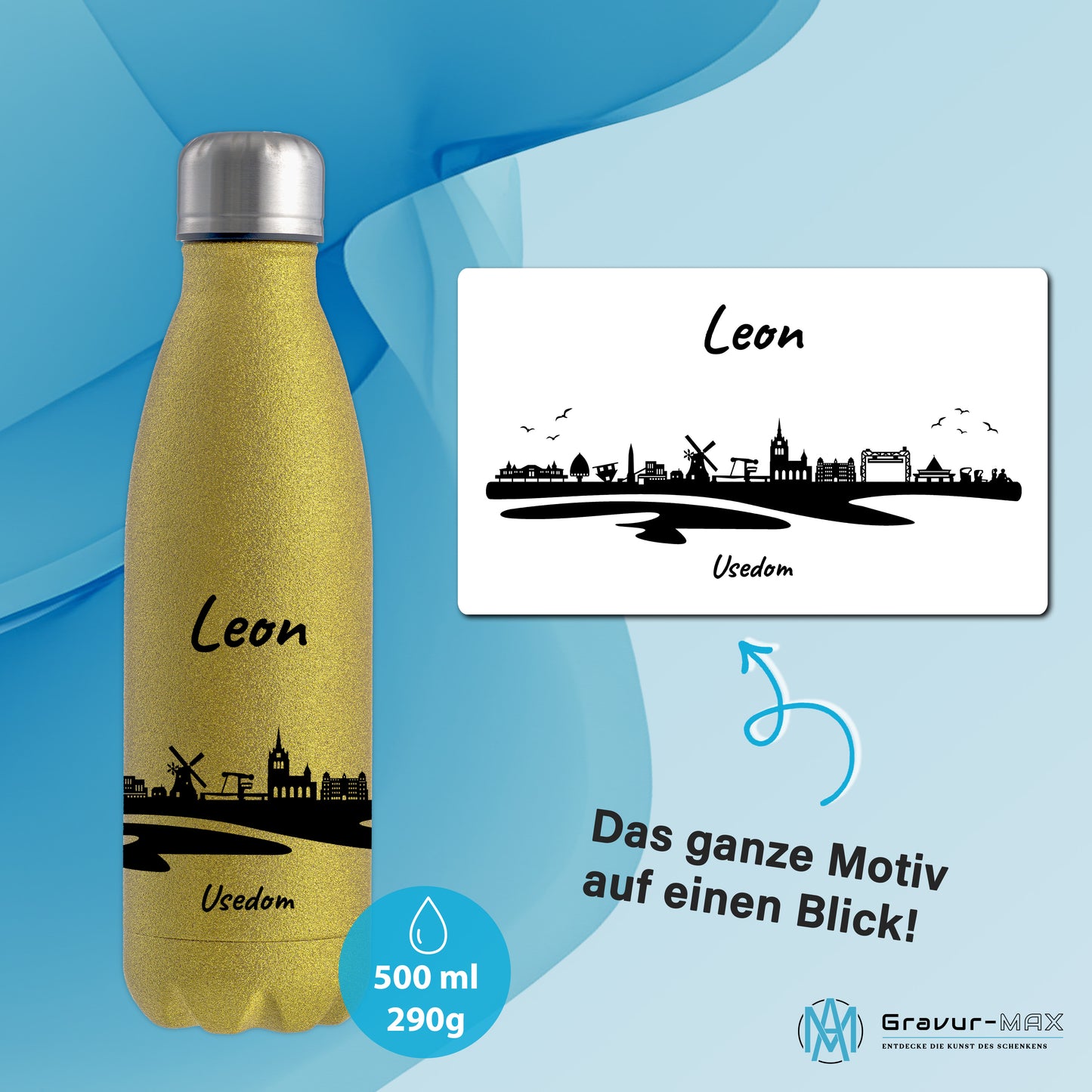 Glitzer Trinkflasche in Gold 500ml aus Edelstahl bedruckt mit der Skyline von Usedom personalisierbar mit Wunschname