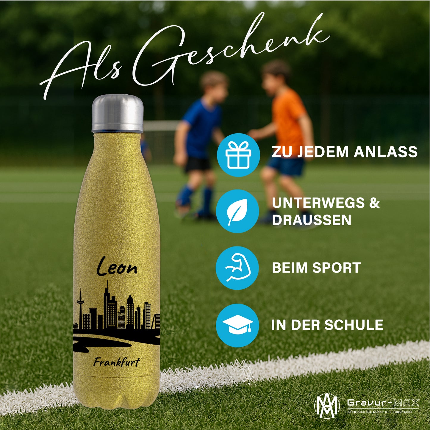 Glitzer Trinkflasche in Gold 500ml aus Edelstahl bedruckt mit der Skyline von Frankfurt personalisierbar mit Wunschname