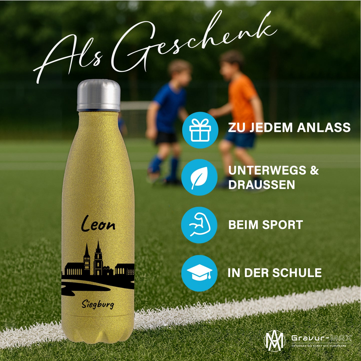 Glitzer Trinkflasche in Gold 500ml aus Edelstahl bedruckt mit der Skyline von Siegburg personalisierbar mit Wunschname