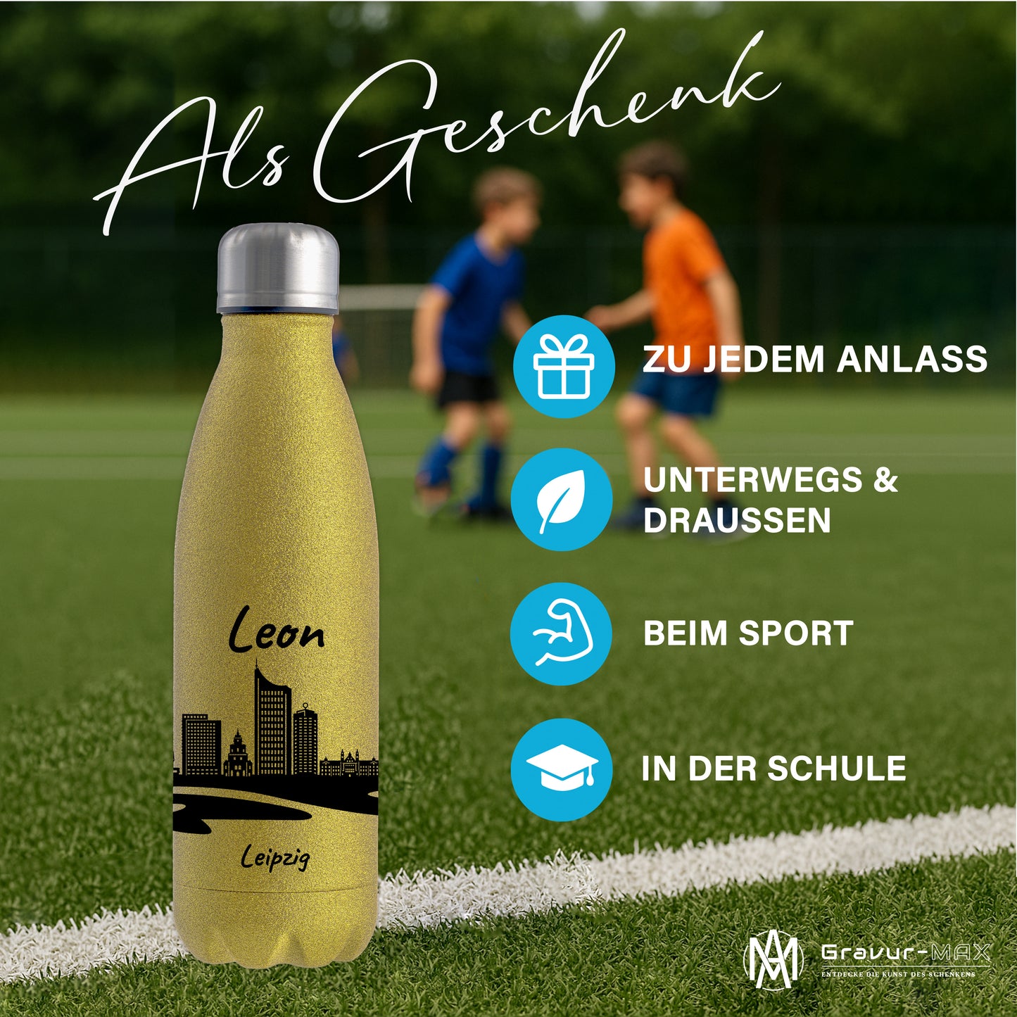 Glitzer Trinkflasche in Gold 500ml aus Edelstahl bedruckt mit der Skyline von Leipzig personalisierbar mit Wunschname