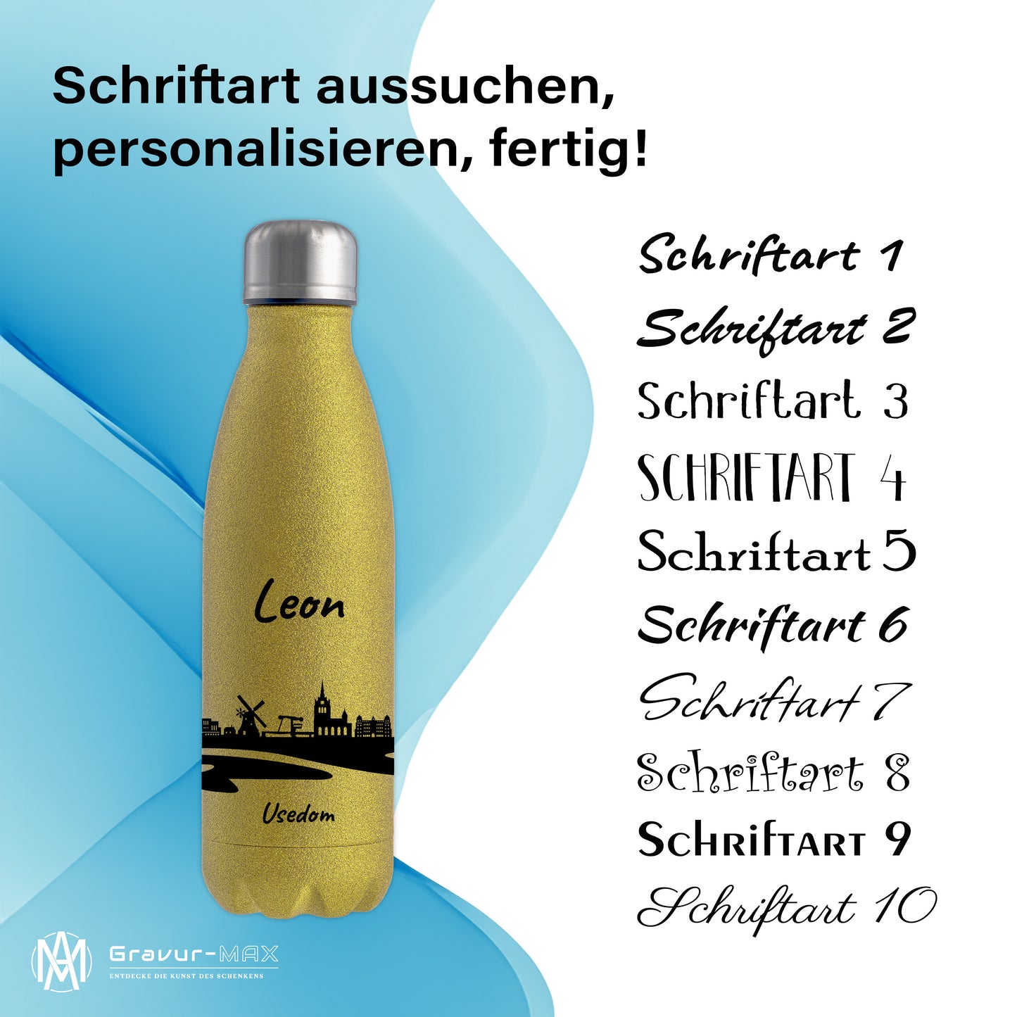 Glitzer Trinkflasche in Gold 500ml aus Edelstahl bedruckt mit der Skyline von Usedom personalisierbar mit Wunschname