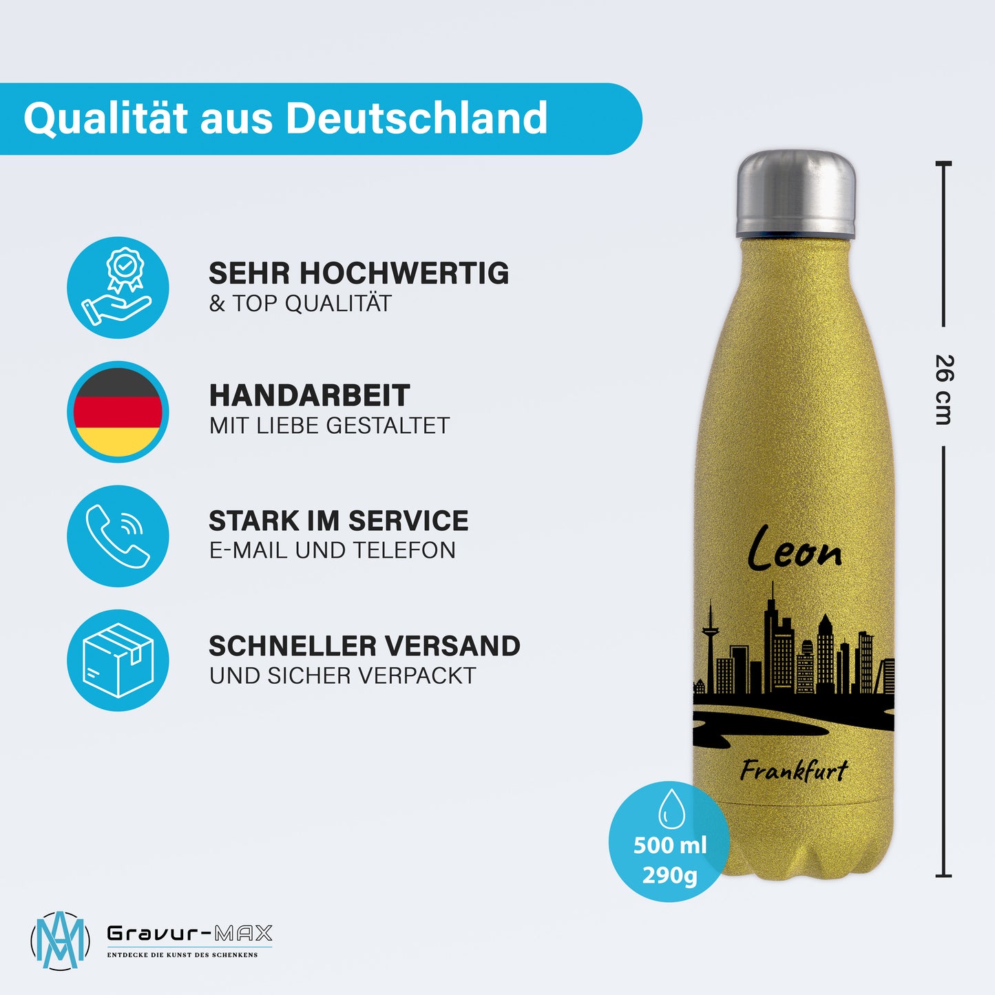Glitzer Trinkflasche in Gold 500ml aus Edelstahl bedruckt mit der Skyline von Frankfurt personalisierbar mit Wunschname