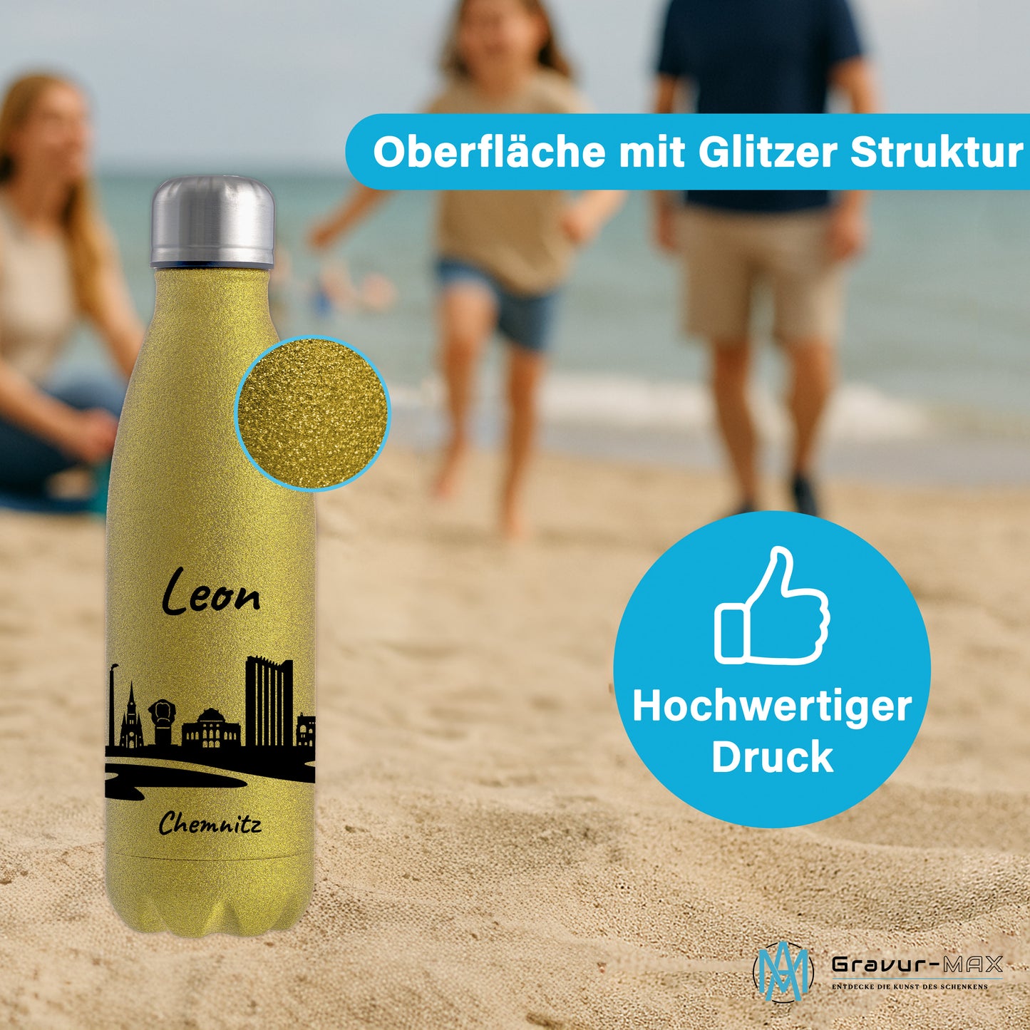 Glitzer Trinkflasche in Gold 500ml aus Edelstahl bedruckt mit der Skyline von Chemnitz personalisierbar mit Wunschname