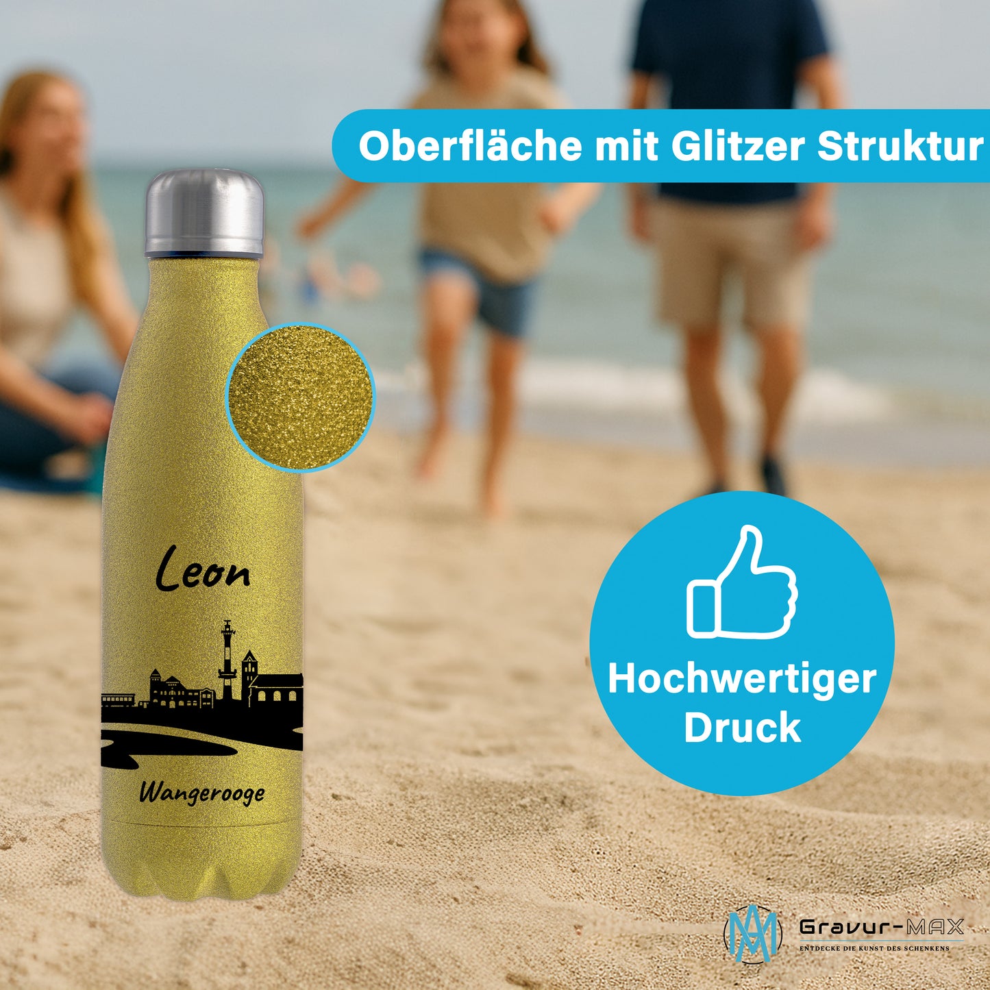 Glitzer Trinkflasche in Gold 500ml aus Edelstahl bedruckt mit der Skyline von Wangerooge personalisierbar mit Wunschname