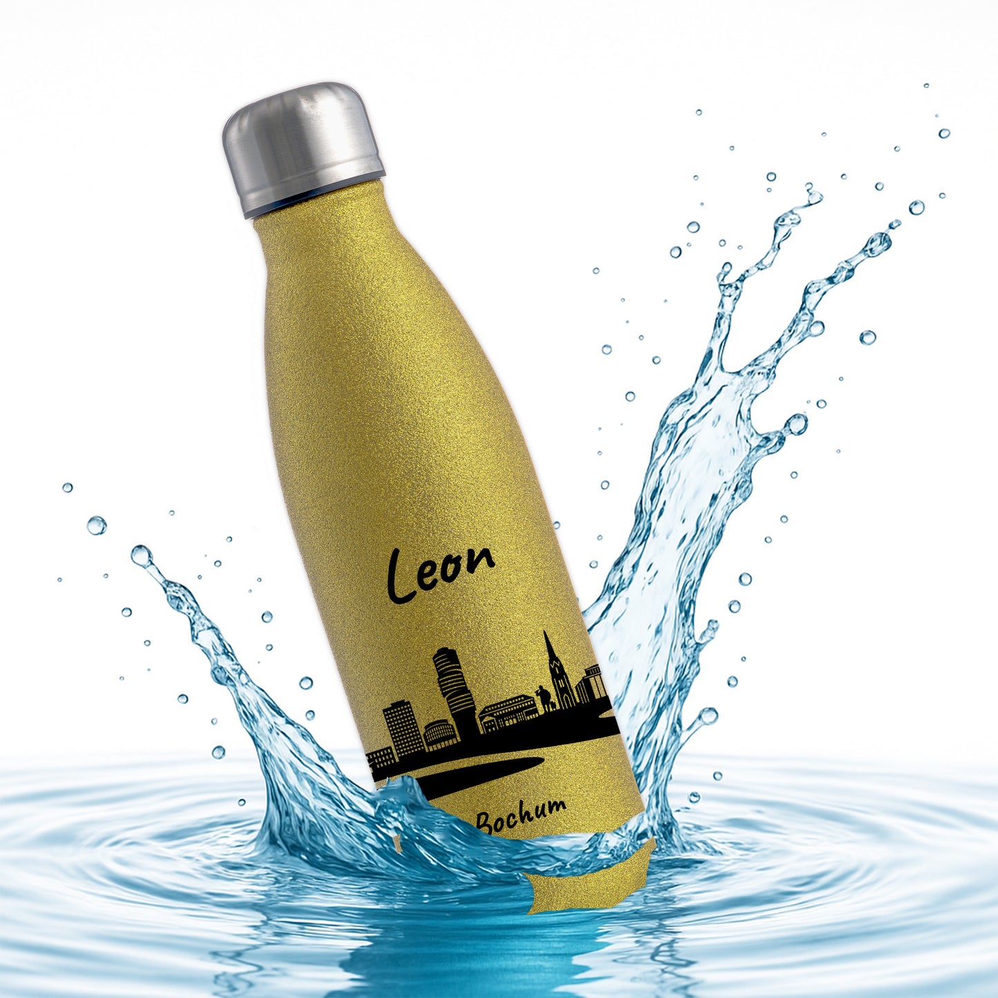 Glitzer Trinkflasche in Gold 500ml aus Edelstahl bedruckt mit der Skyline von Bochum personalisierbar mit Wunschname