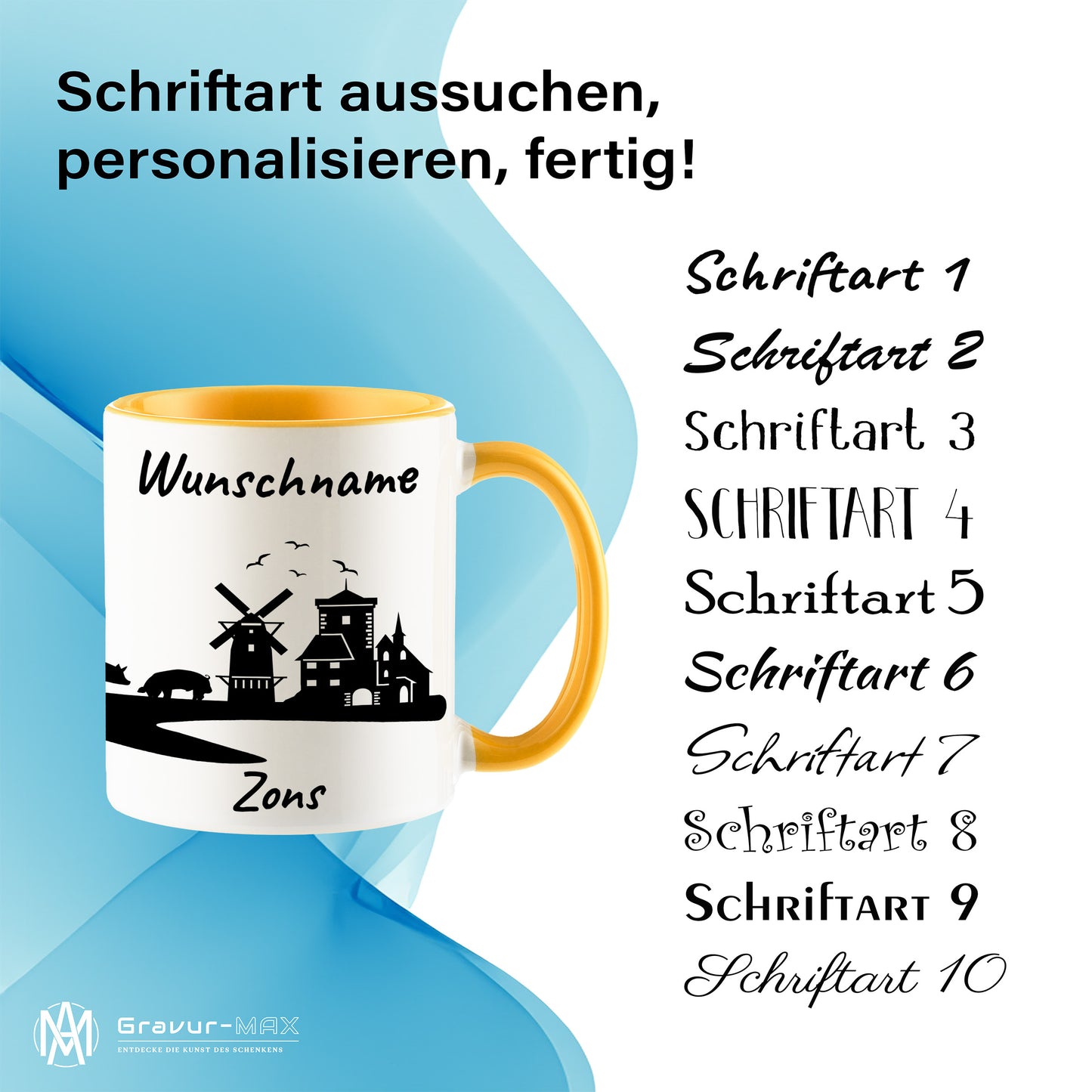 Tasse in Goldgelb 330ml bedruckt mit der Skyline von Zons (Dormagen) personalisierbar mit Wunschname