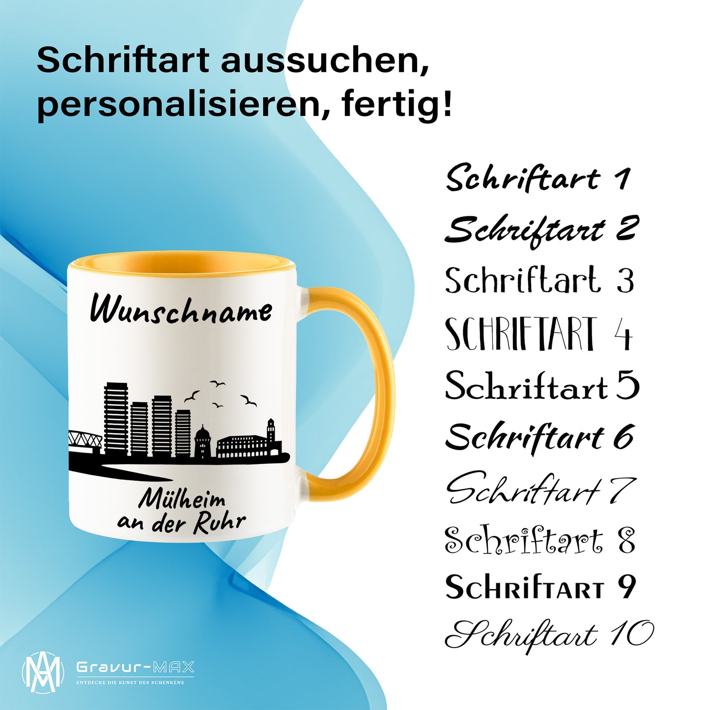 Tasse in Goldgelb 330ml bedruckt mit der Skyline von Mülheim an der Ruhr personalisierbar mit Wunschname