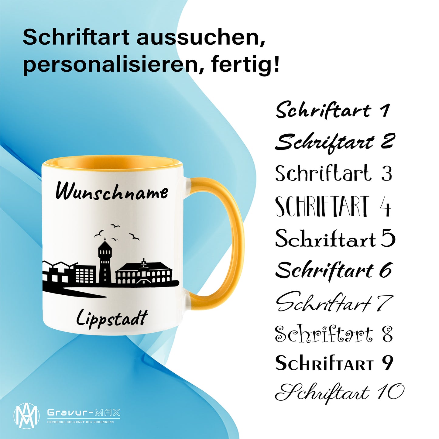 Tasse in Goldgelb 330ml bedruckt mit der Skyline von Lippstadt personalisierbar mit Wunschname