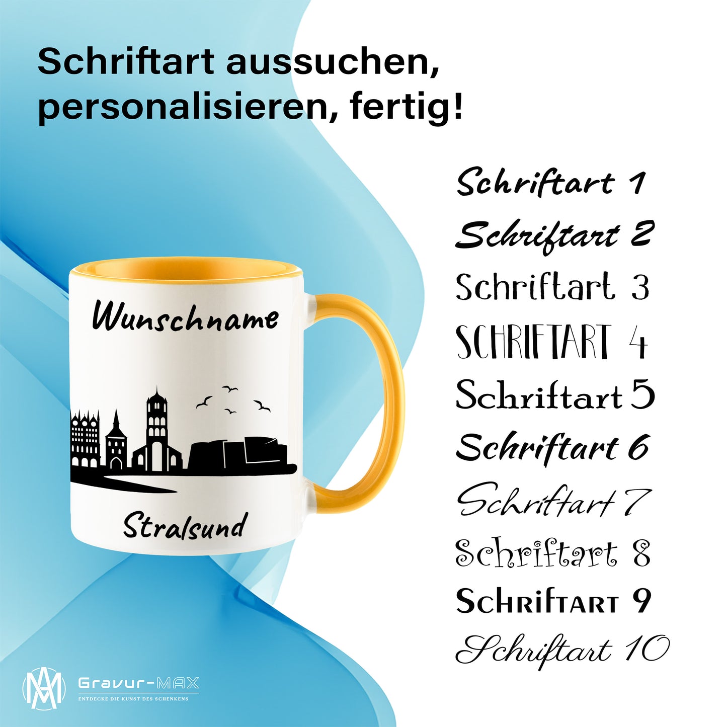 Tasse in Goldgelb 330ml bedruckt mit der Skyline von Stralsund personalisierbar mit Wunschname