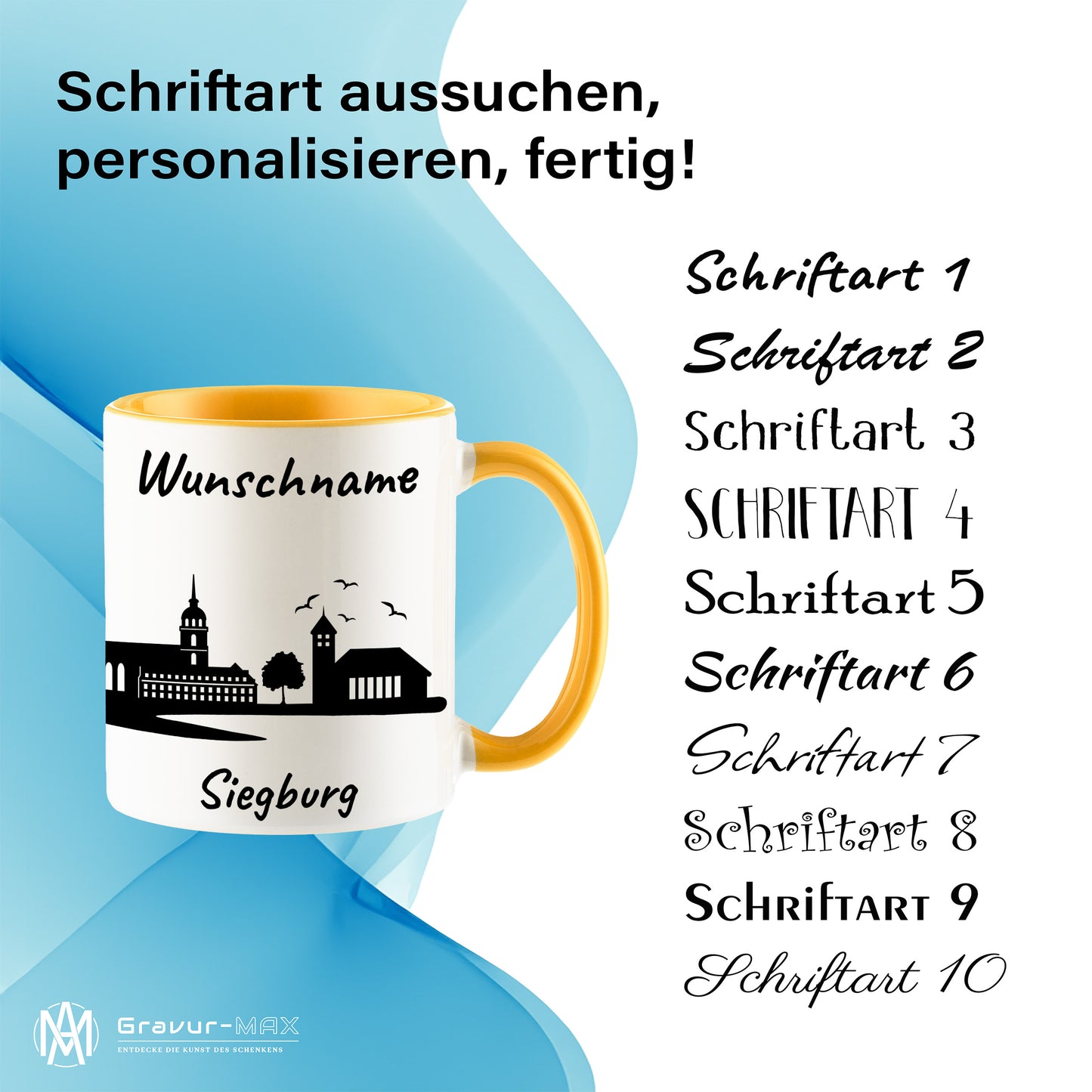 Tasse in Goldgelb 330ml bedruckt mit der Skyline von Siegburg personalisierbar mit Wunschname