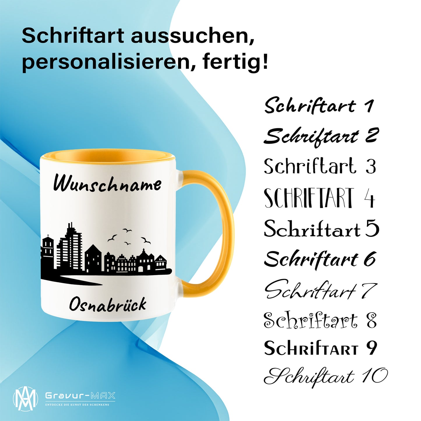 Tasse in Goldgelb 330ml bedruckt mit der Skyline von Osnabrück personalisierbar mit Wunschname