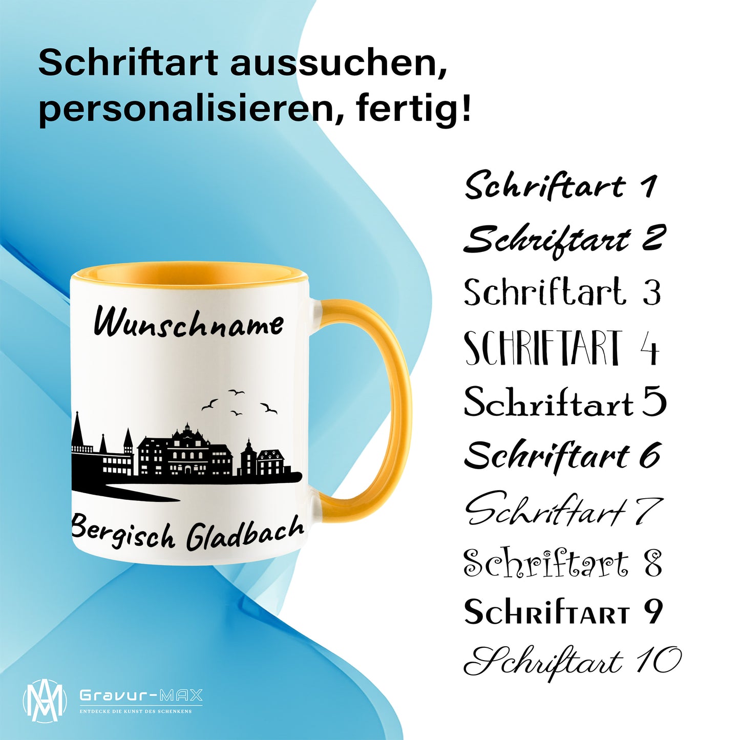 Tasse in Goldgelb 330ml bedruckt mit der Skyline von Bergisch Gladbach personalisierbar mit Wunschname