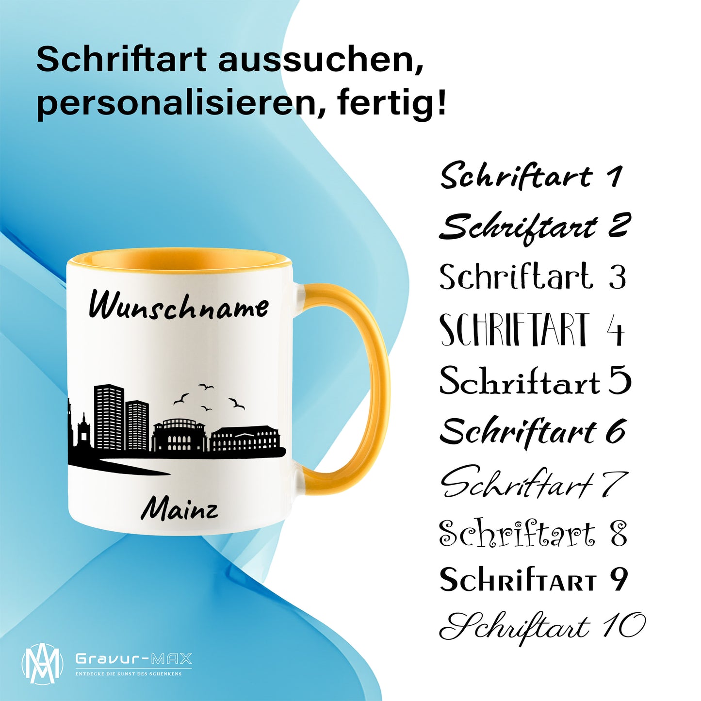 Tasse in Goldgelb 330ml bedruckt mit der Skyline von Mainz personalisierbar mit Wunschname