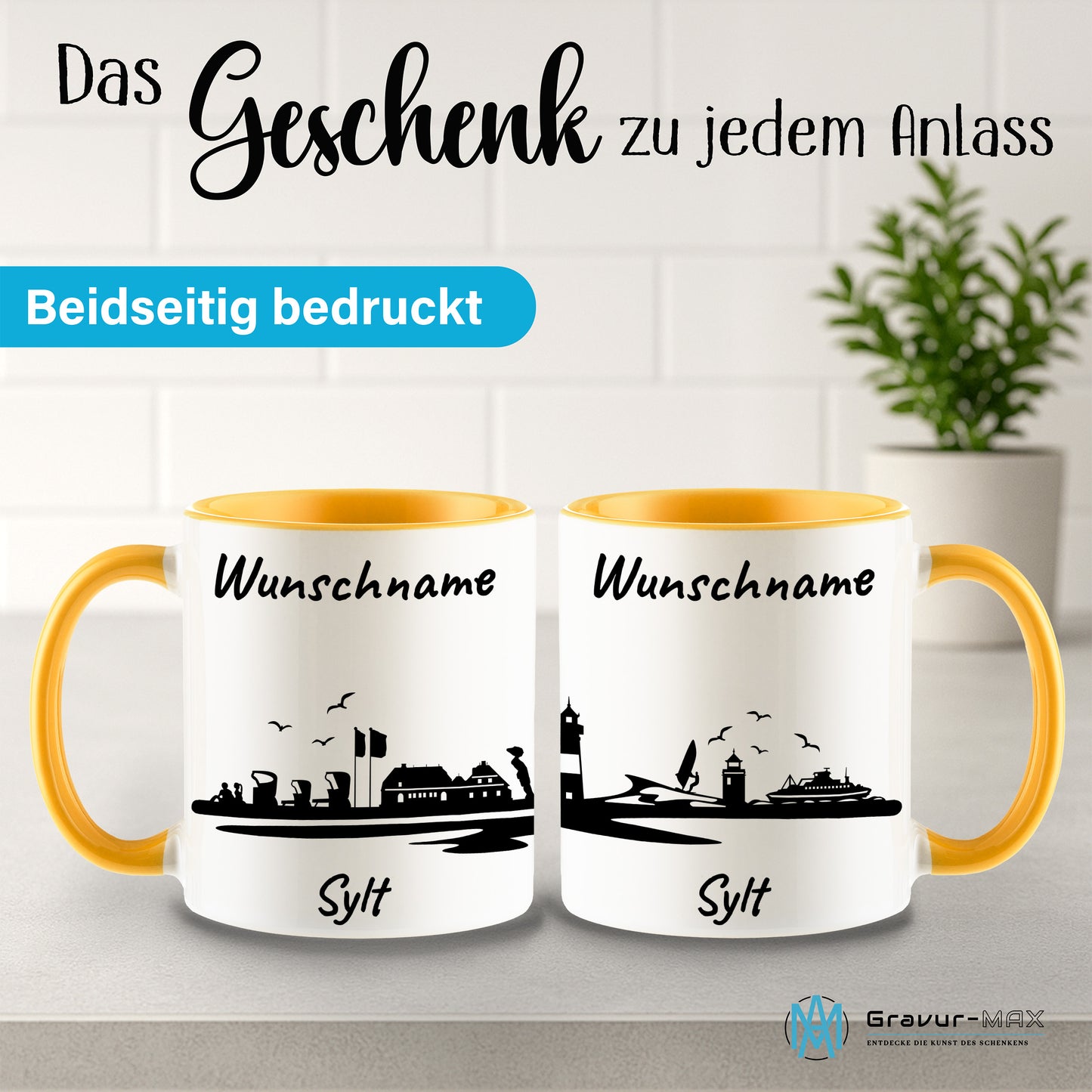 Tasse in Goldgelb 330ml bedruckt mit der Skyline von Sylt personalisierbar mit Wunschname