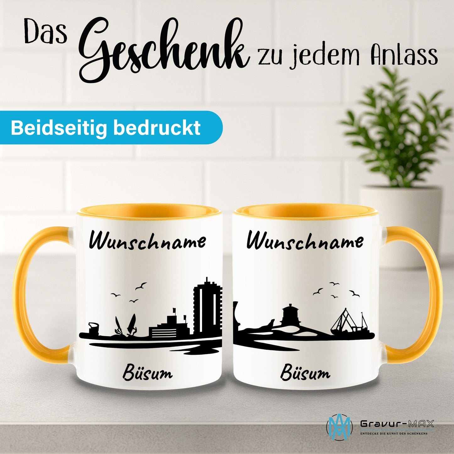Tasse in Goldgelb 330ml bedruckt mit der Skyline von Büsum personalisierbar mit Wunschname