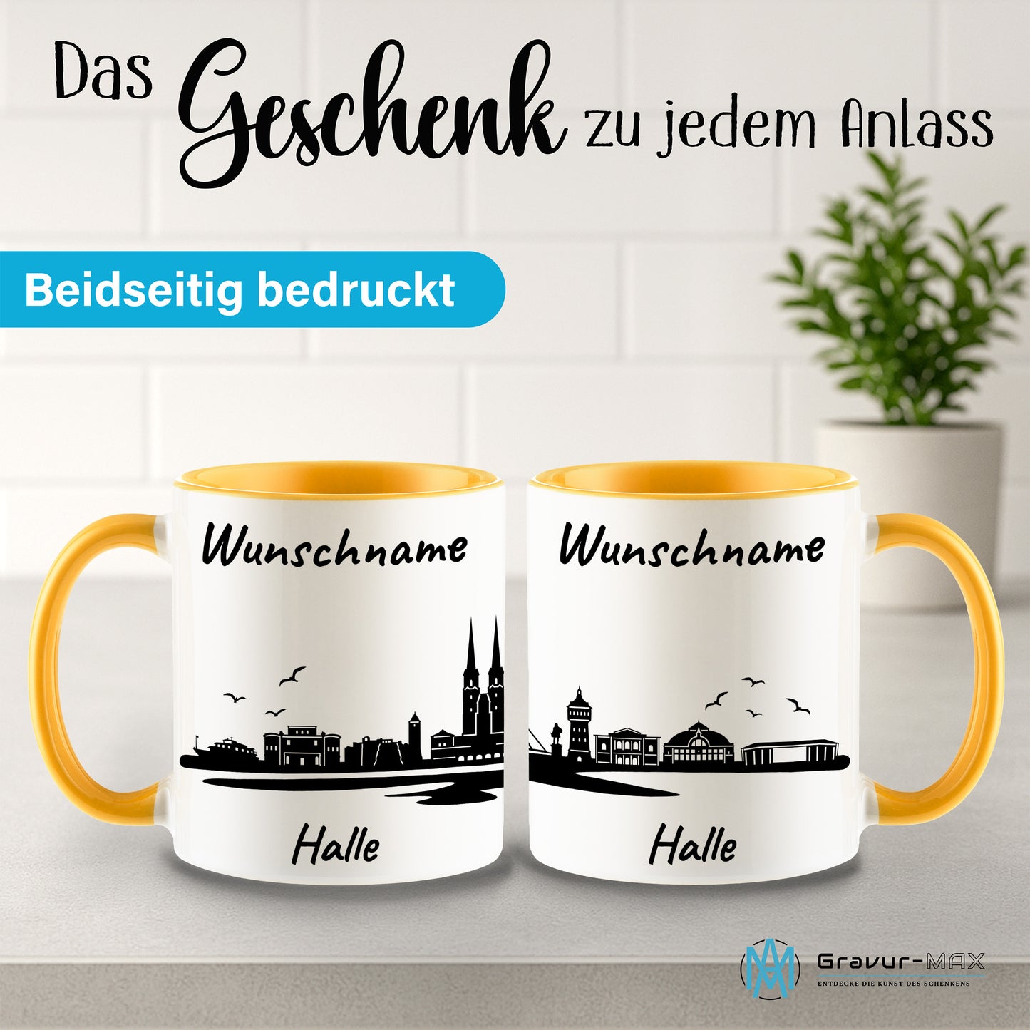 Tasse in Goldgelb 330ml bedruckt mit der Skyline von Halle personalisierbar mit Wunschname