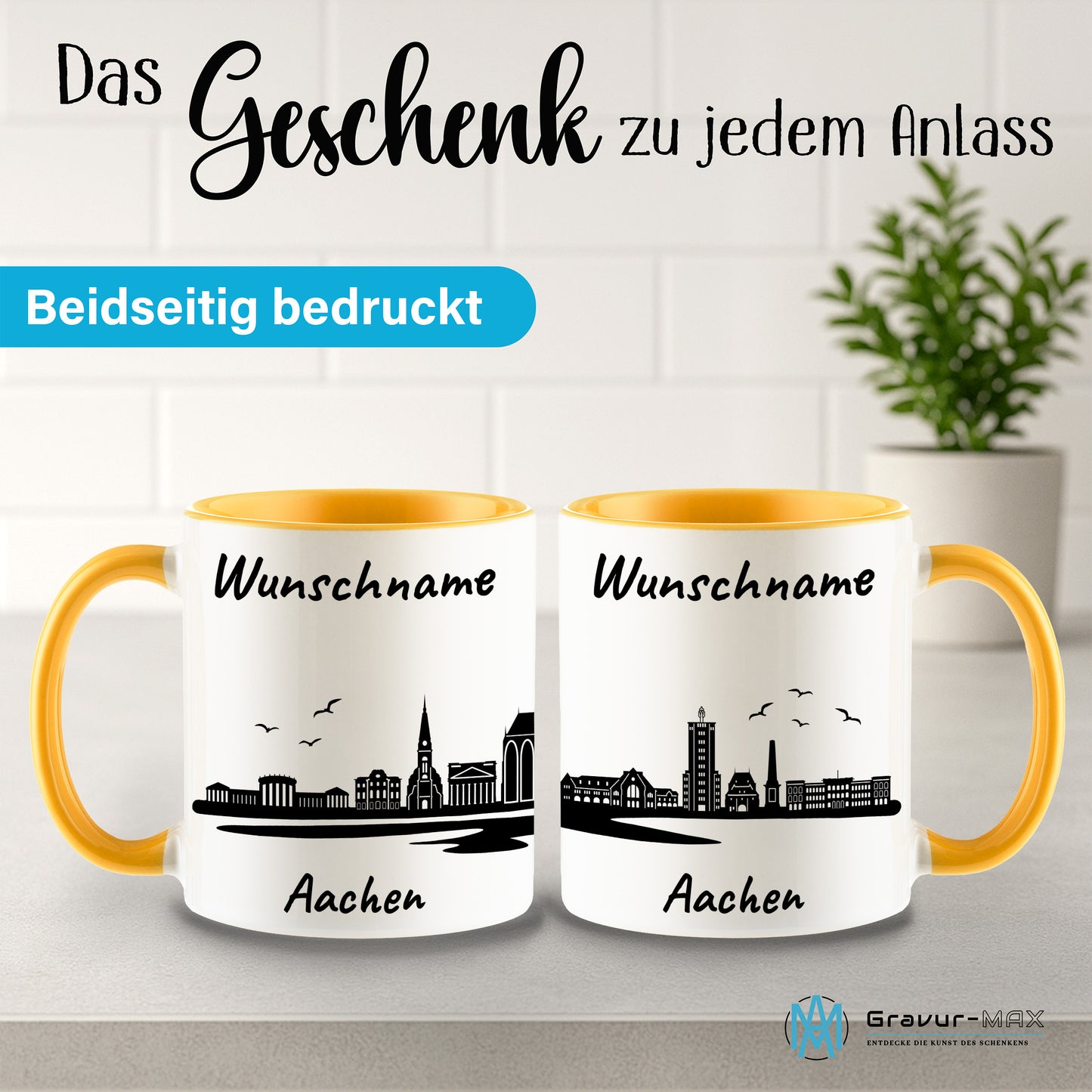 Tasse in Goldgelb 330ml bedruckt mit der Skyline von Aachen personalisierbar mit Wunschname