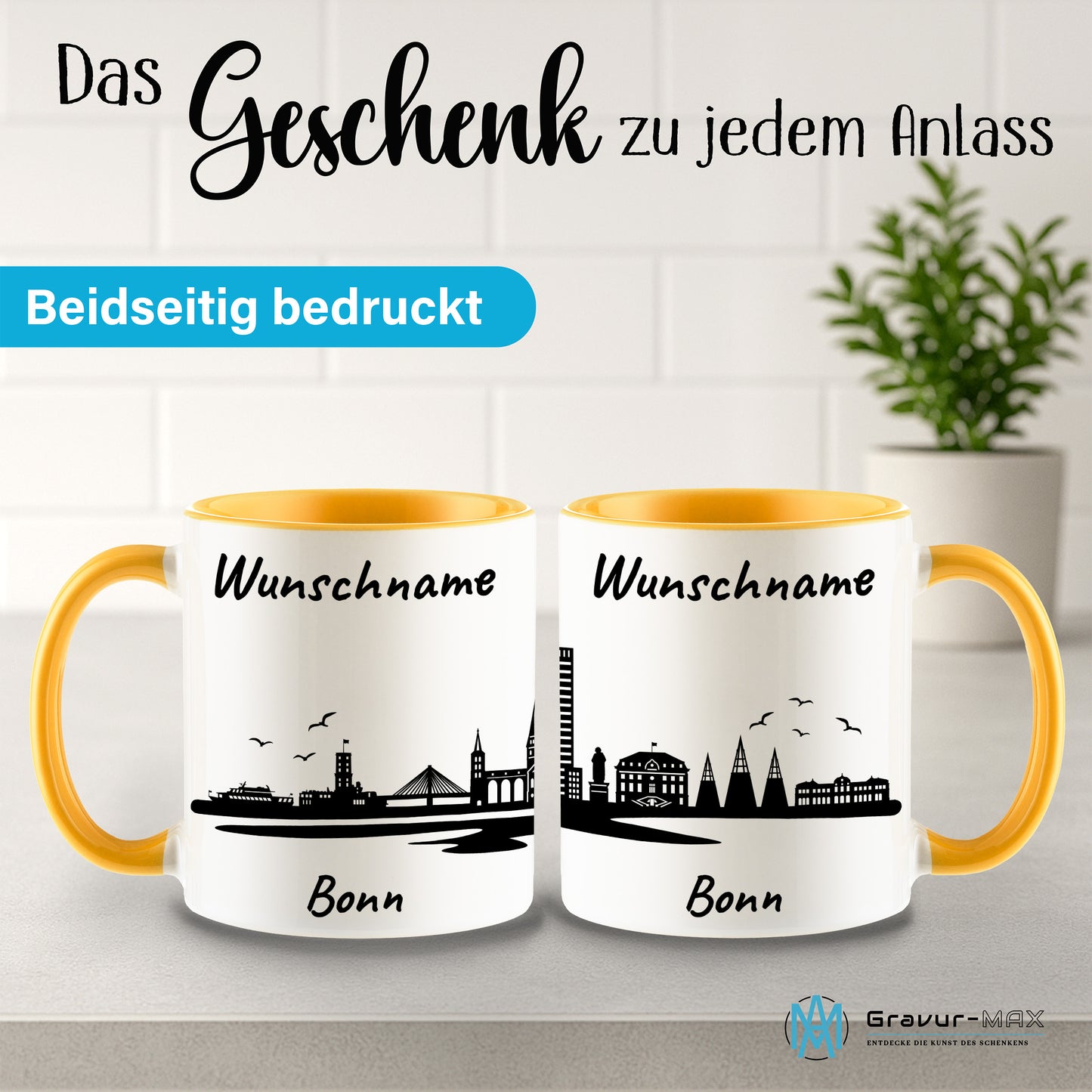 Tasse in Goldgelb 330ml bedruckt mit der Skyline von Bonn personalisierbar mit Wunschname
