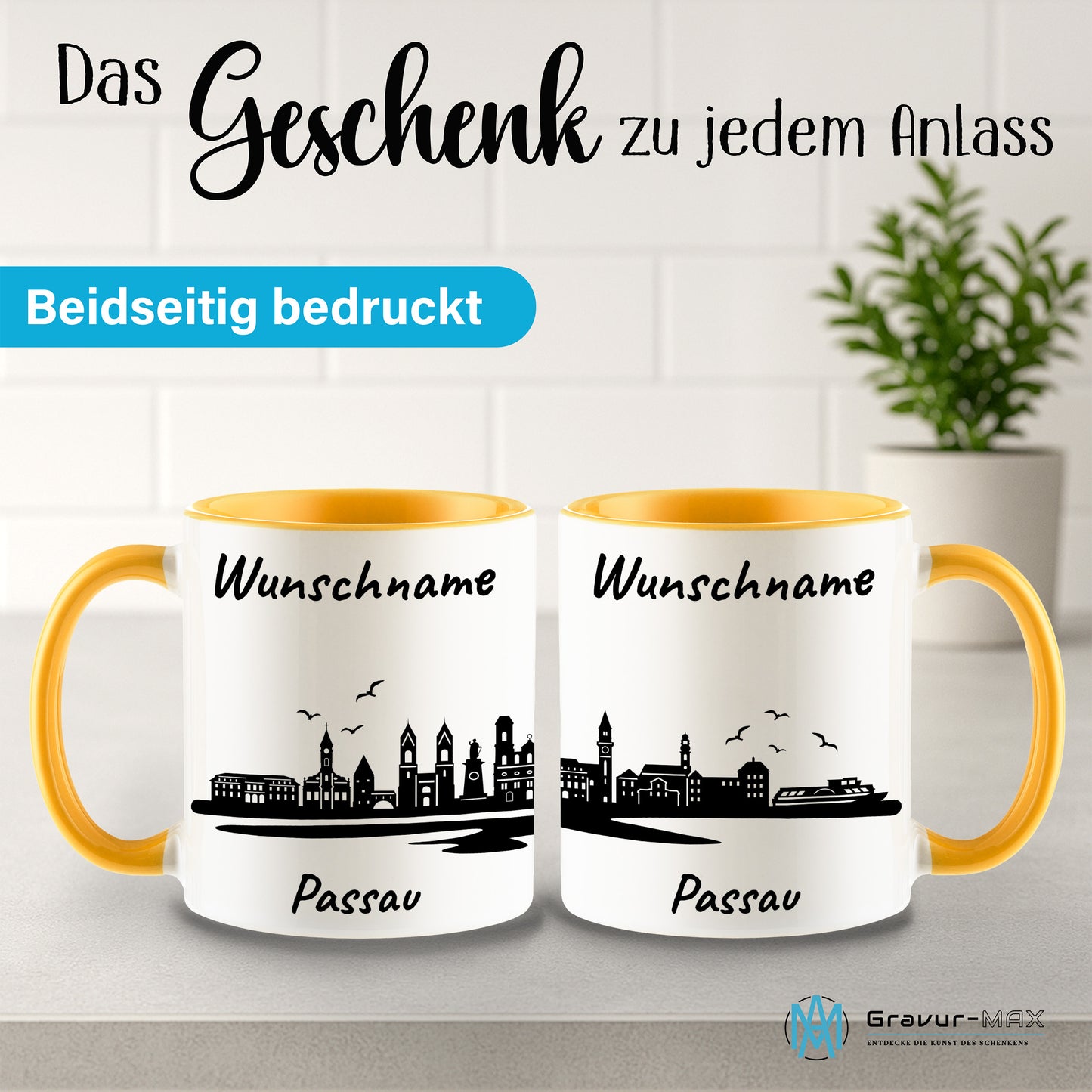 Tasse in Goldgelb 330ml bedruckt mit der Skyline von Passau personalisierbar mit Wunschname