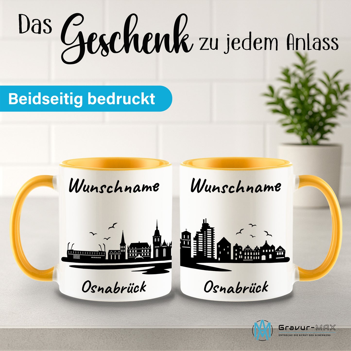 Tasse in Goldgelb 330ml bedruckt mit der Skyline von Osnabrück personalisierbar mit Wunschname