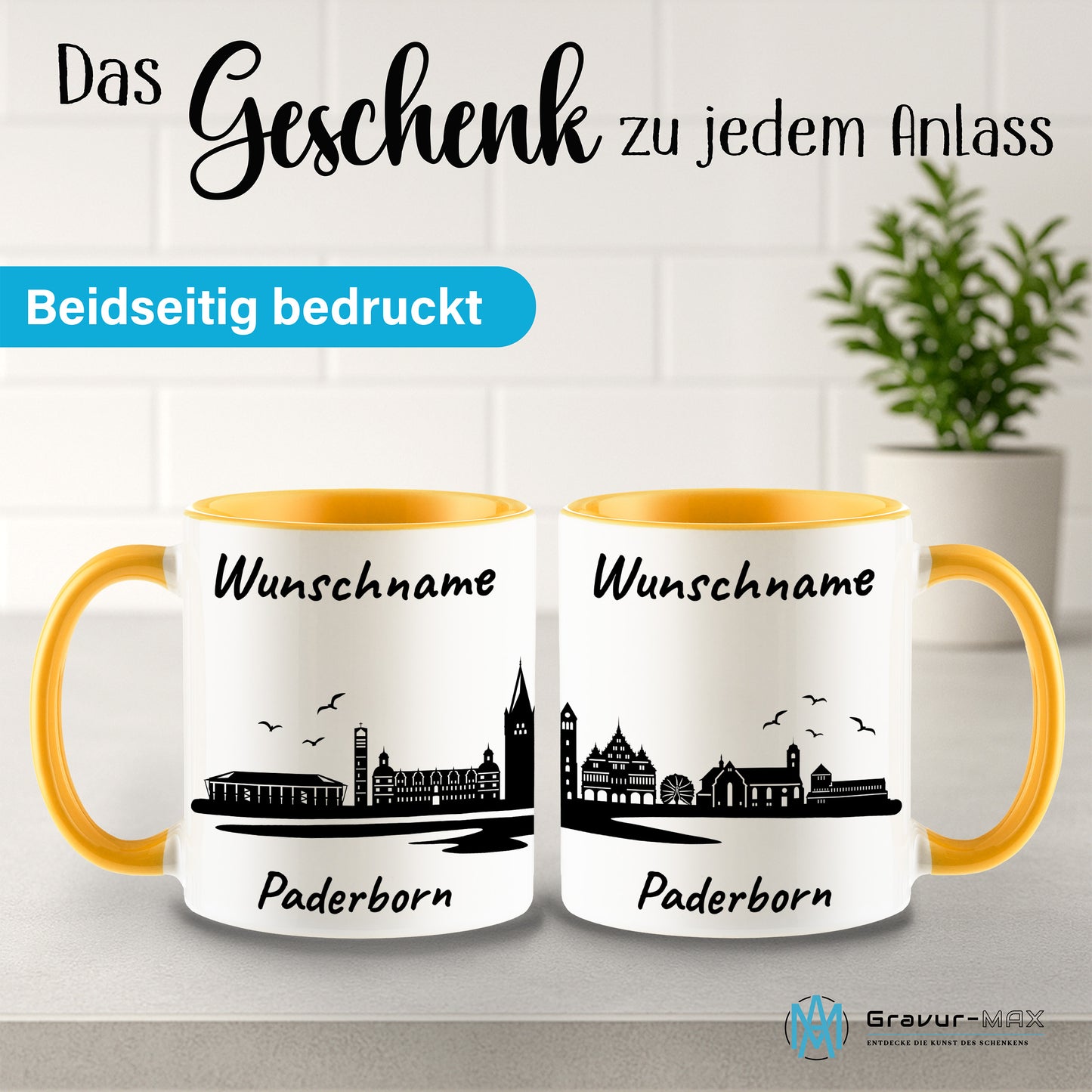 Tasse in Goldgelb 330ml bedruckt mit der Skyline von Paderborn personalisierbar mit Wunschname