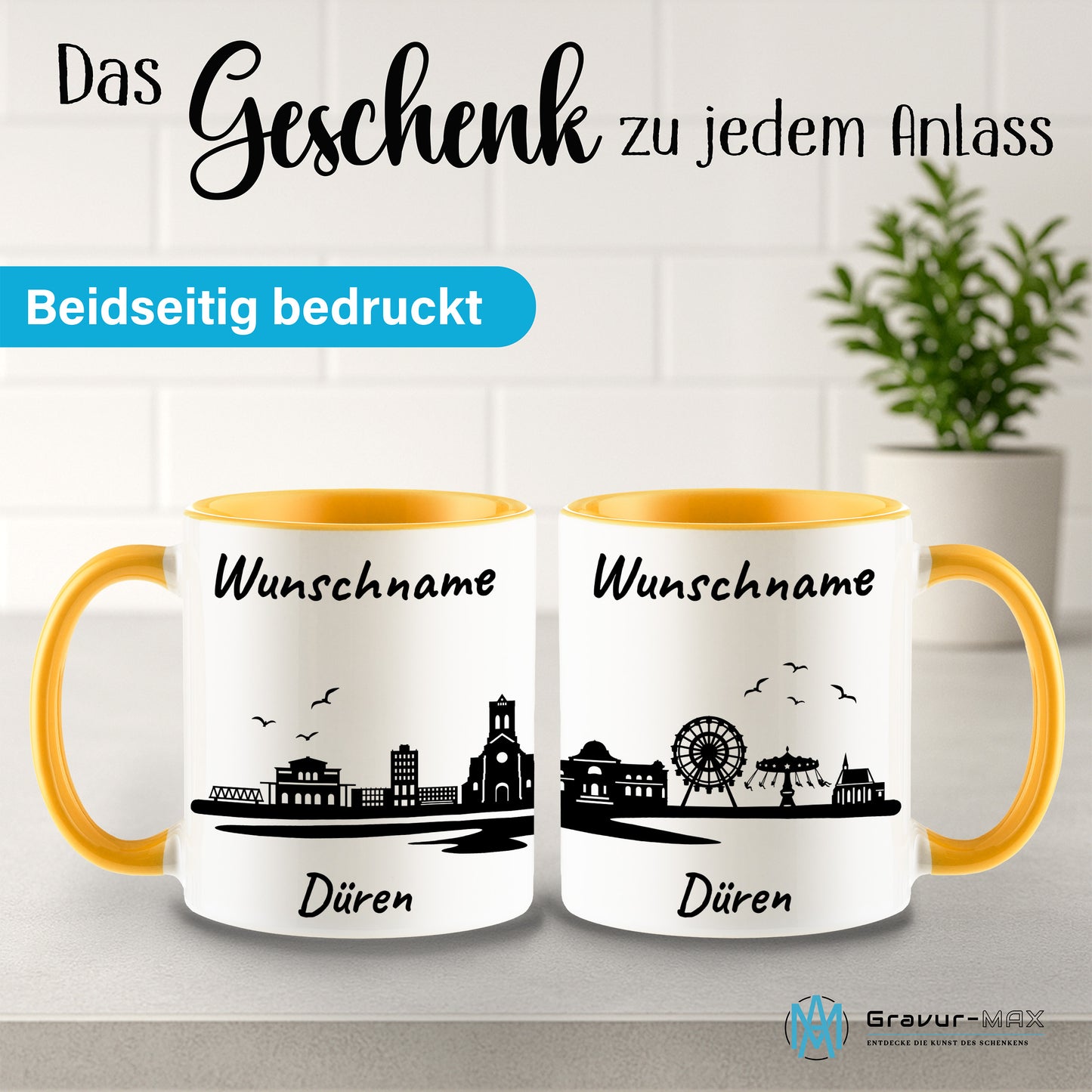 Tasse in Goldgelb 330ml bedruckt mit der Skyline von Düren personalisierbar mit Wunschname