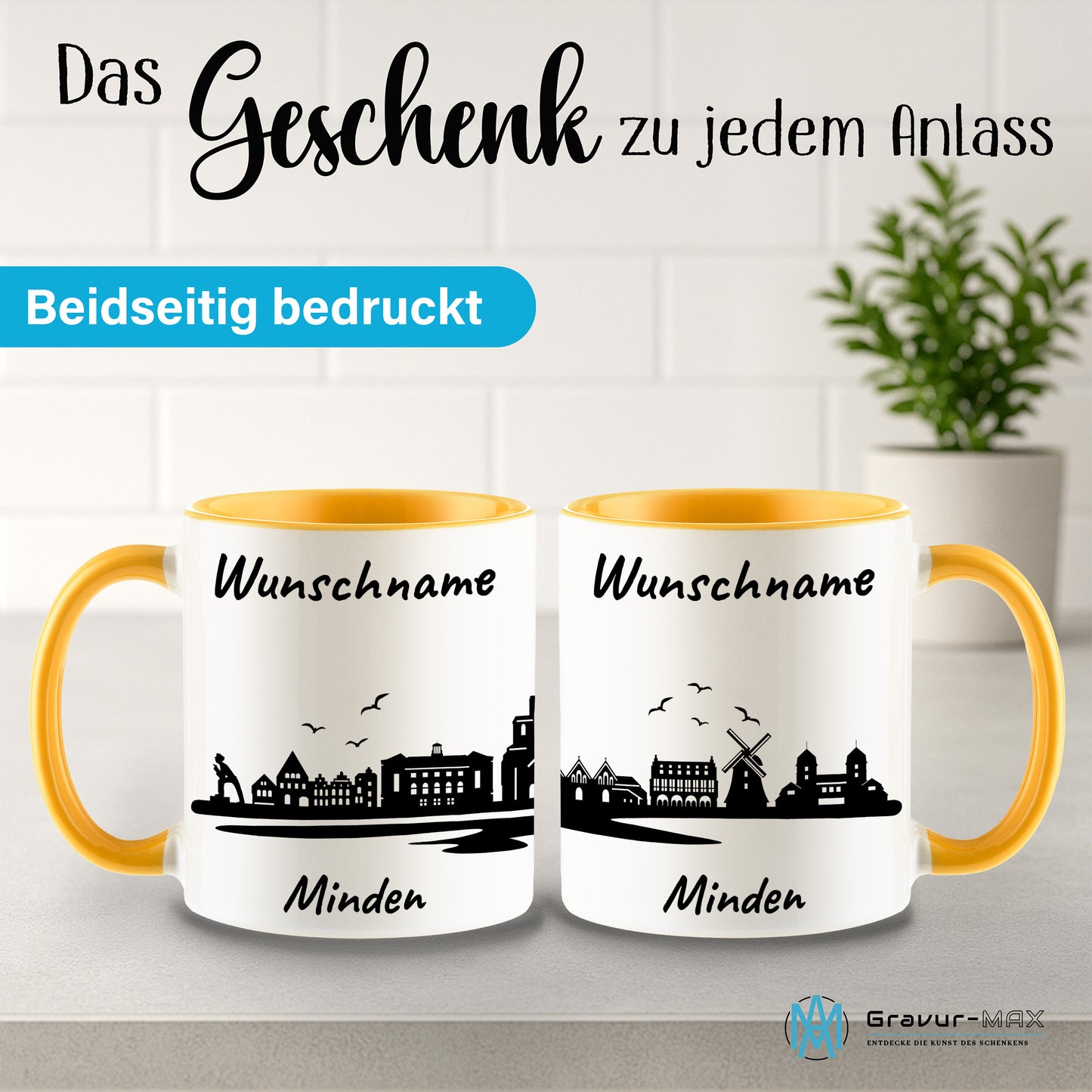 Tasse in Goldgelb 330ml bedruckt mit der Skyline von Minden personalisierbar mit Wunschname