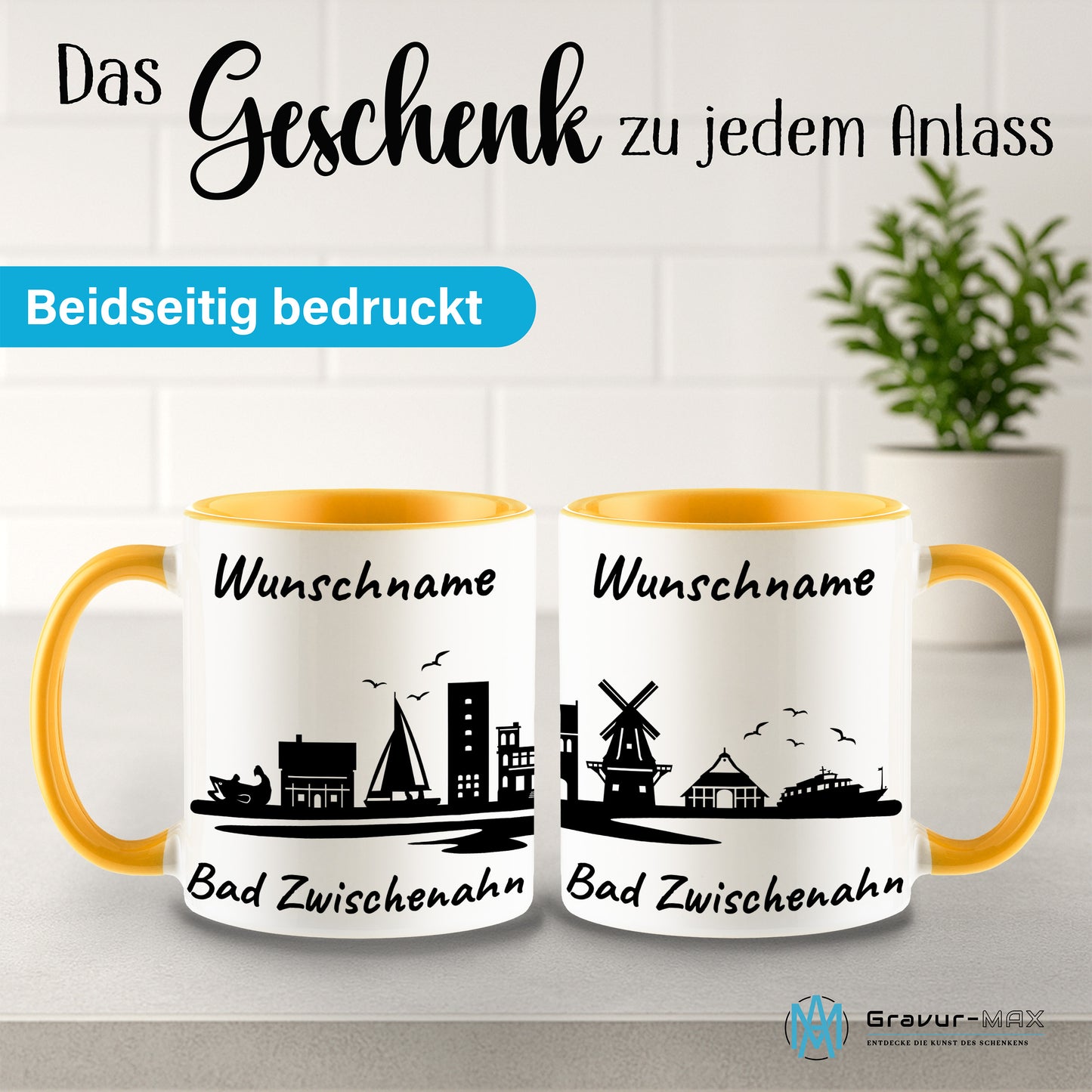 Tasse in Goldgelb 330ml bedruckt mit der Skyline von Bad Zwischenahn personalisierbar mit Wunschname
