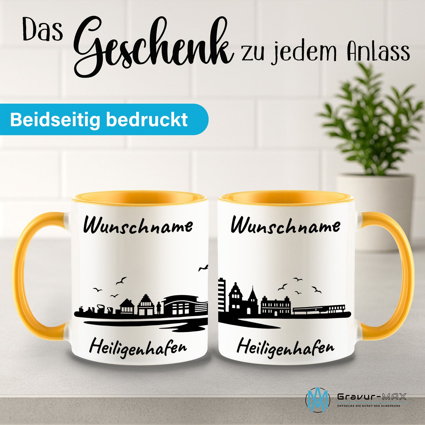 Tasse in Goldgelb 330ml bedruckt mit der Skyline von Heiligenhafen personalisierbar mit Wunschname
