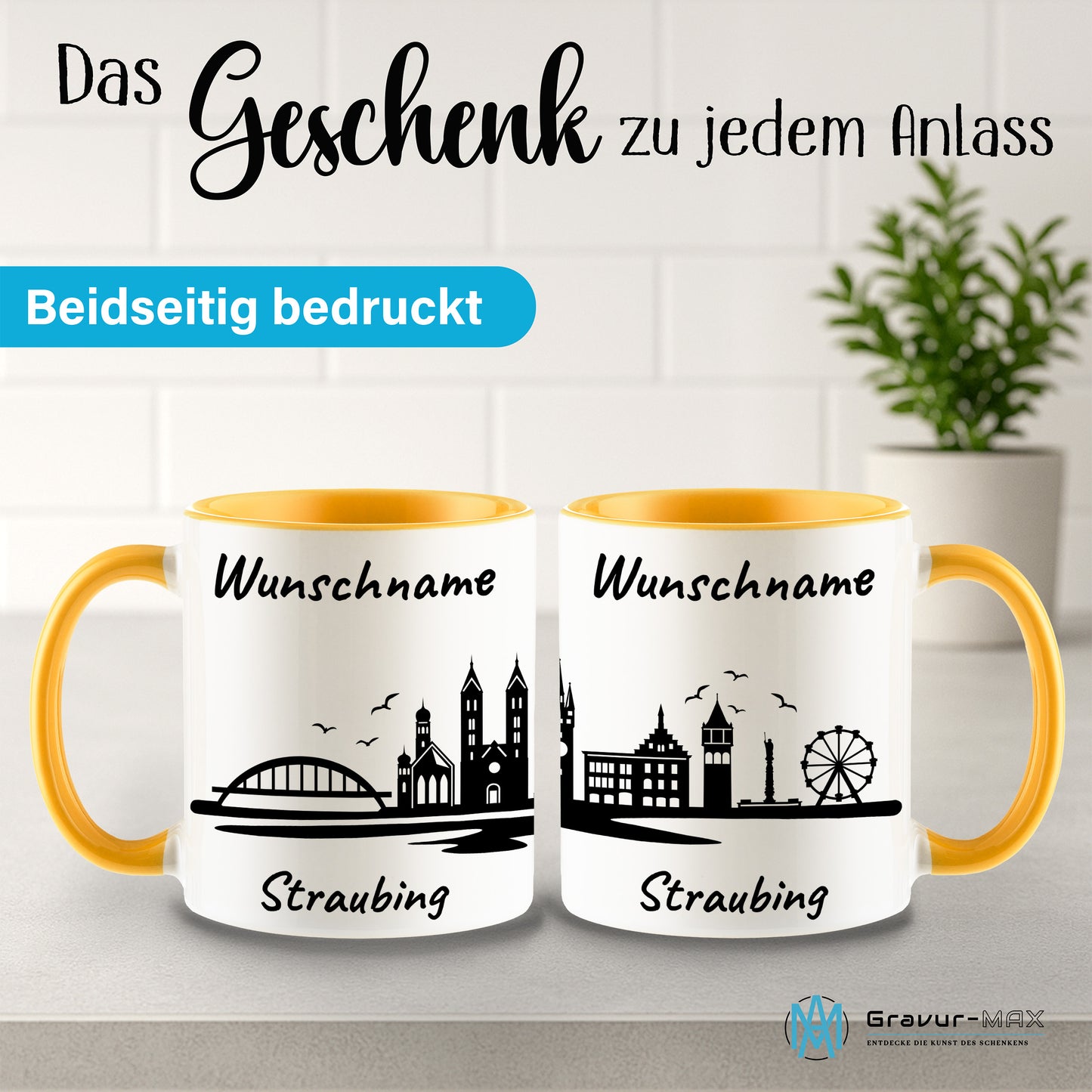 Tasse in Goldgelb 330ml bedruckt mit der Skyline von Straubing personalisierbar mit Wunschname