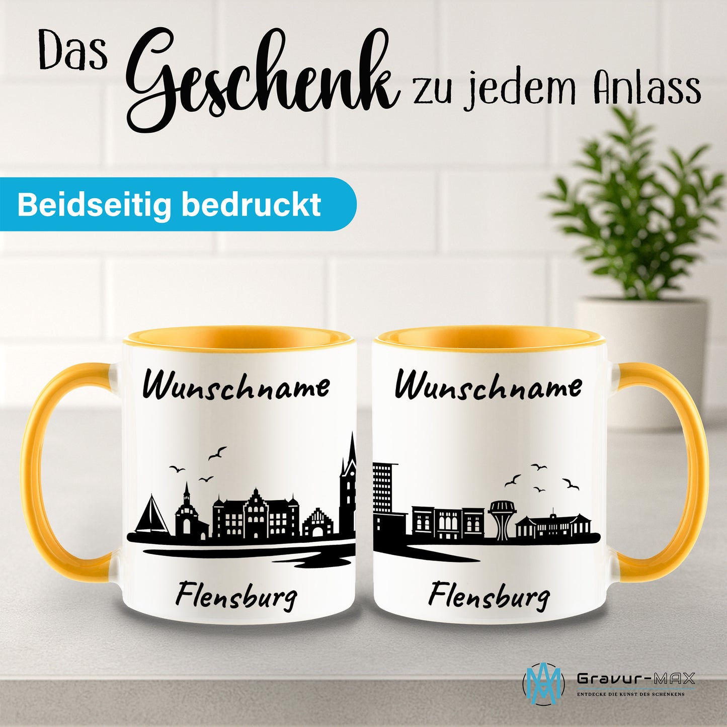 Tasse in Goldgelb 330ml bedruckt mit der Skyline von Flensburg personalisierbar mit Wunschname