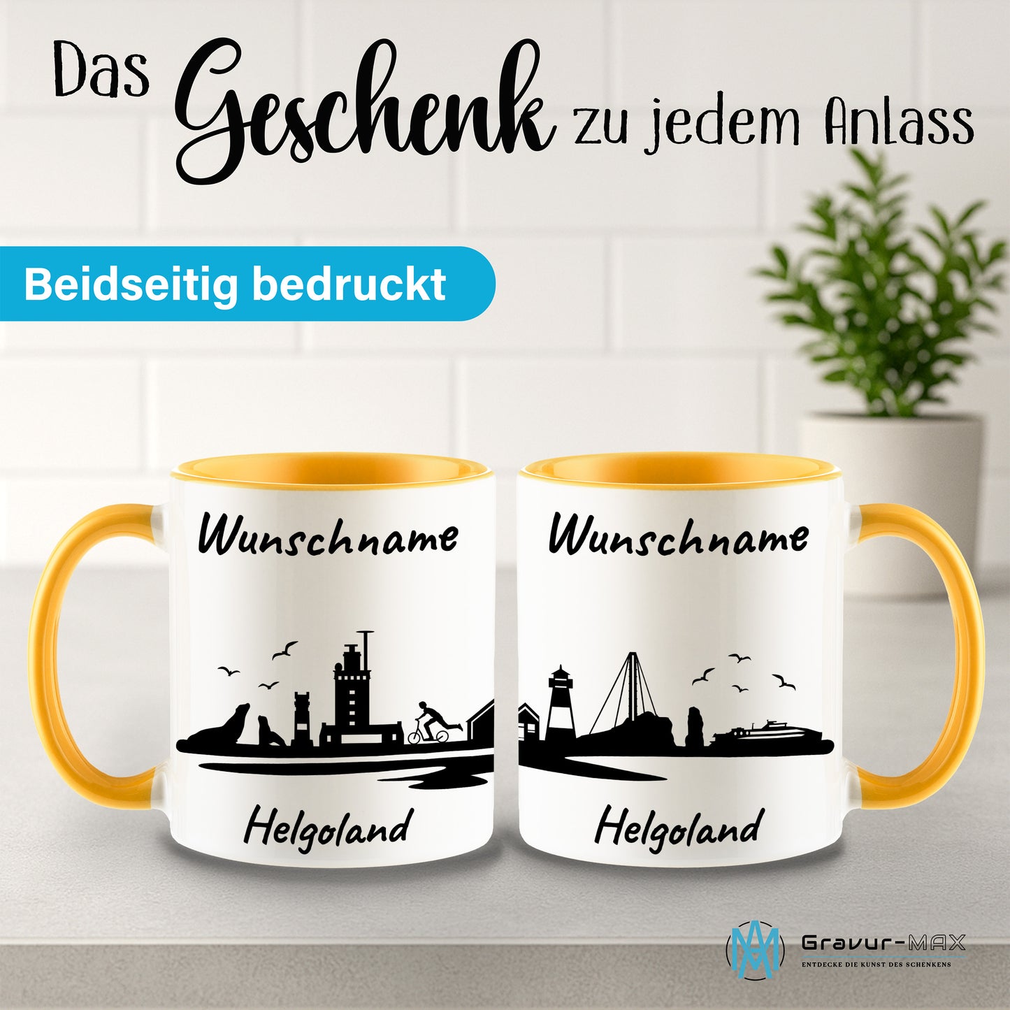 Tasse in Goldgelb 330ml bedruckt mit der Skyline von Helgoland personalisierbar mit Wunschname