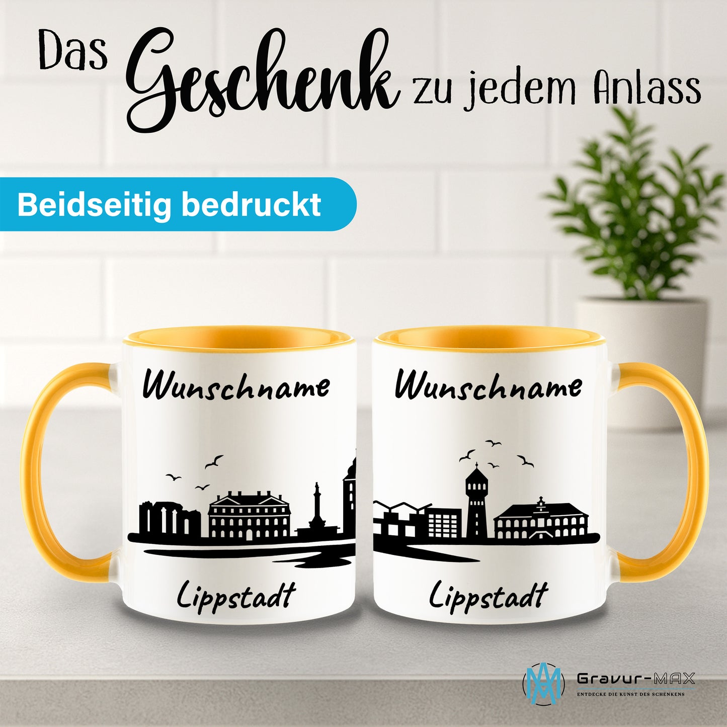 Tasse in Goldgelb 330ml bedruckt mit der Skyline von Lippstadt personalisierbar mit Wunschname