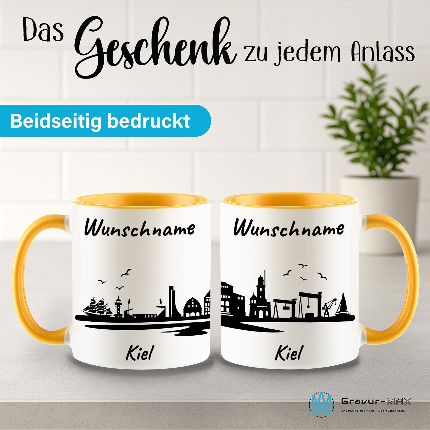 Tasse in Goldgelb 330ml bedruckt mit der Skyline von Kiel personalisierbar mit Wunschname