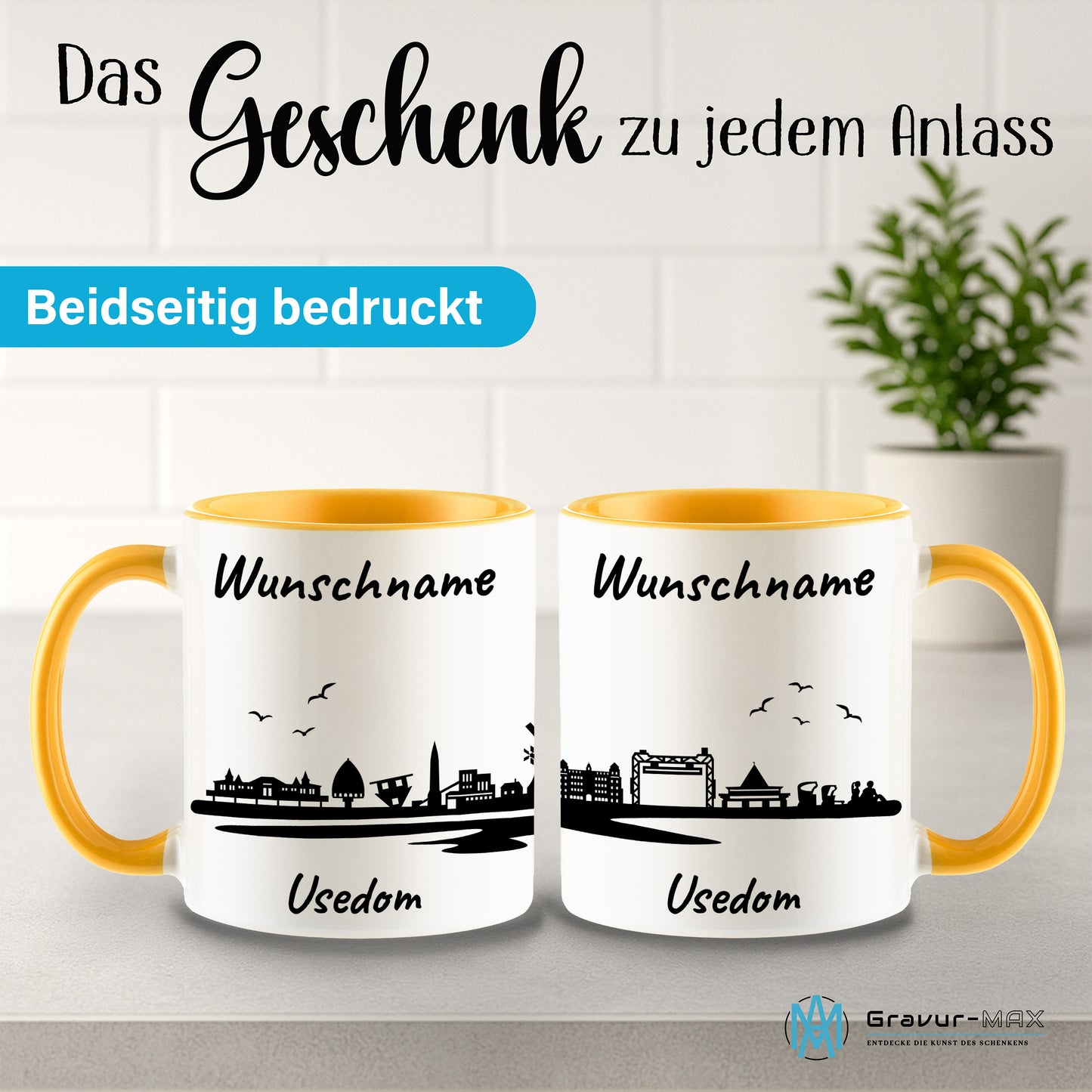 Tasse in Goldgelb 330ml bedruckt mit der Skyline von Usedom personalisierbar mit Wunschname
