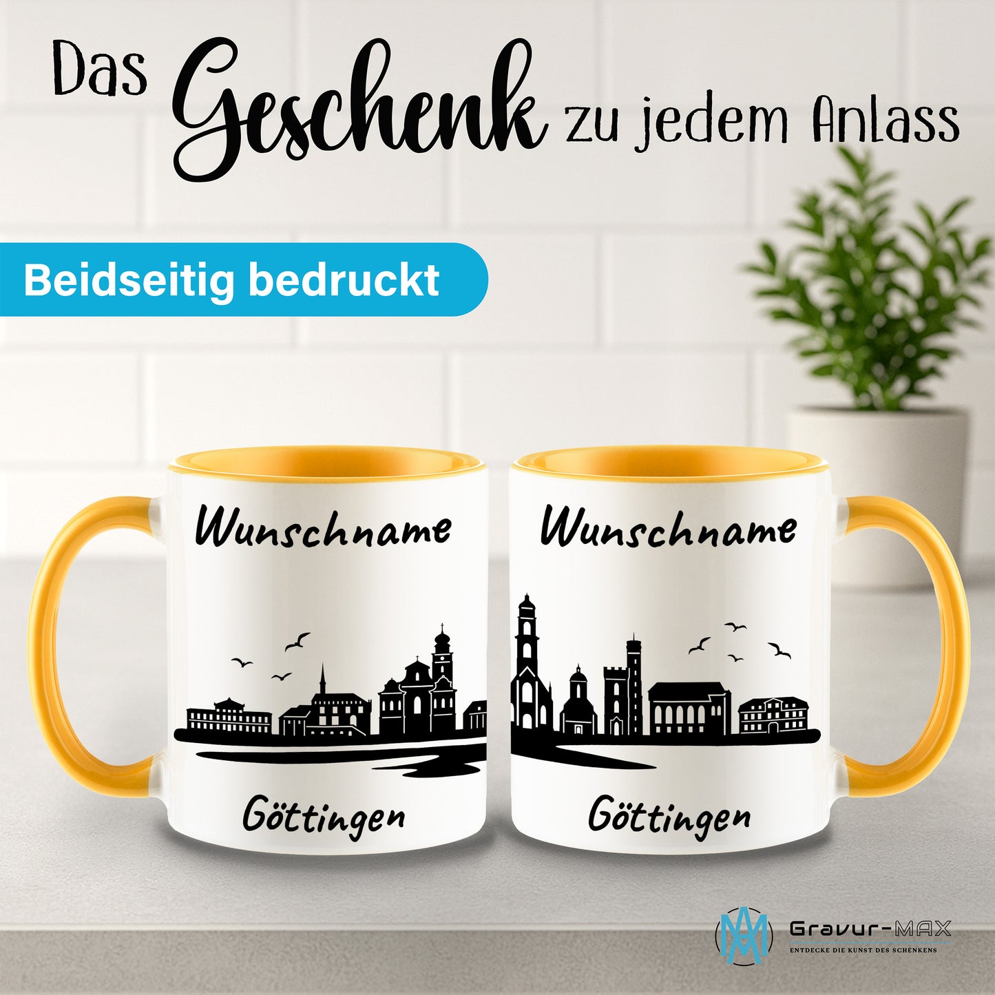 Tasse in Goldgelb 330ml bedruckt mit der Skyline von Göttingen personalisierbar mit Wunschname